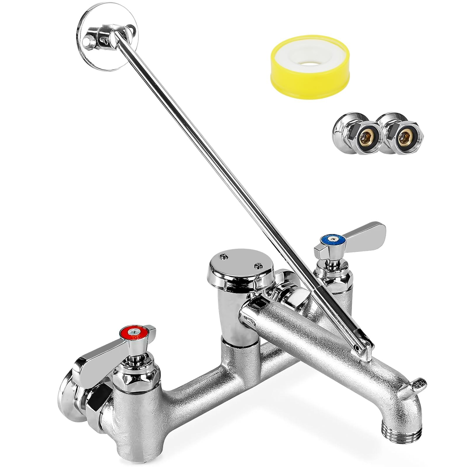 Sink Faucet Wall Mount 8in Vacuum Breaker 3/4 Inch Hose Adjustable Center Chrome