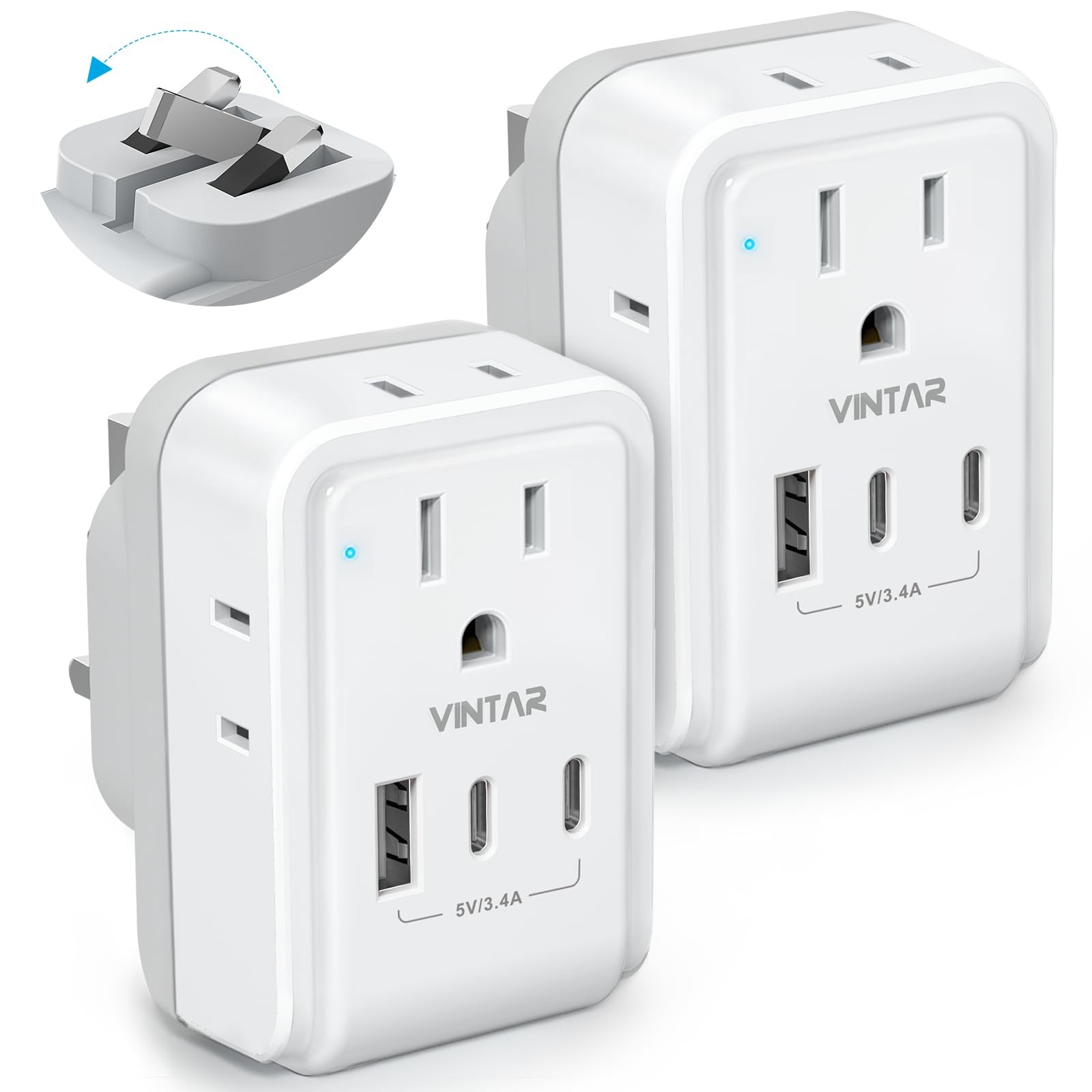 2 Pack US to UK Plug Adapter, VINTAR Foldable Adapters small, white+grey
