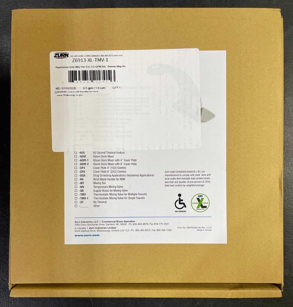 Zurn Industries LEAD FREE BATTERY POWERED SENSOR FAUCET W/TMV-1