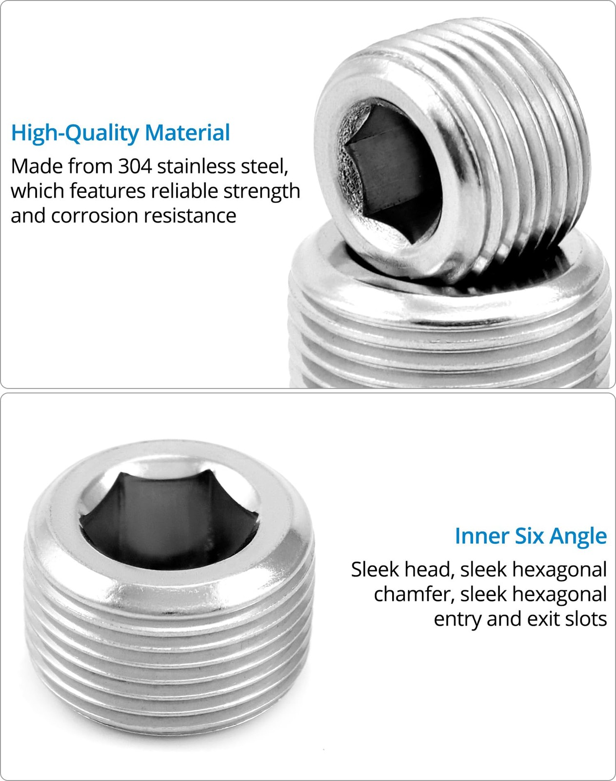 QWORK 304 Stainless Steel Pipe Fitting Kit Hex Countersunk Plug Assortment Set w