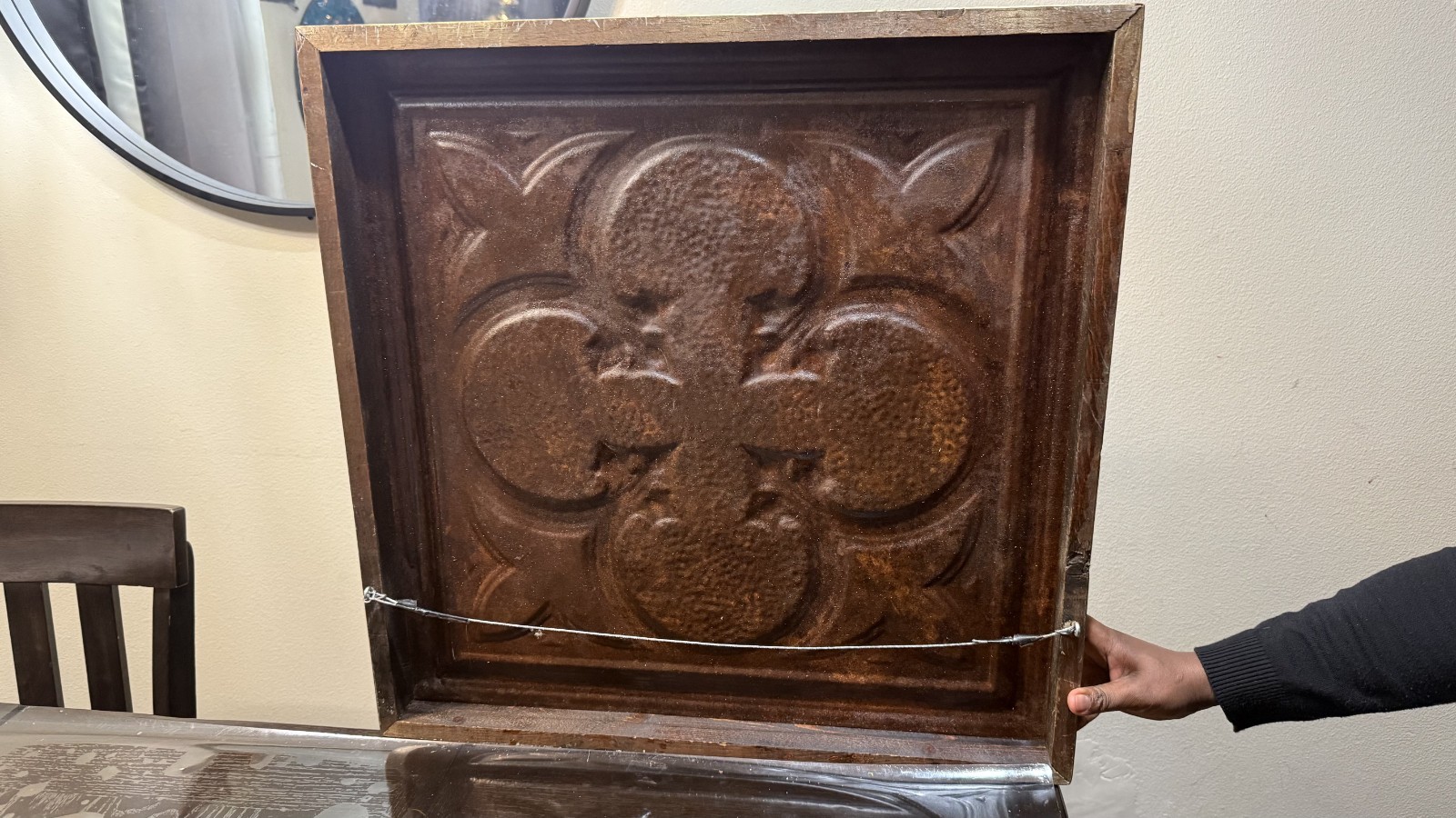 Vintage Style Gothic Wood framed embossed Metal Panel Quatrefoil Wall Art