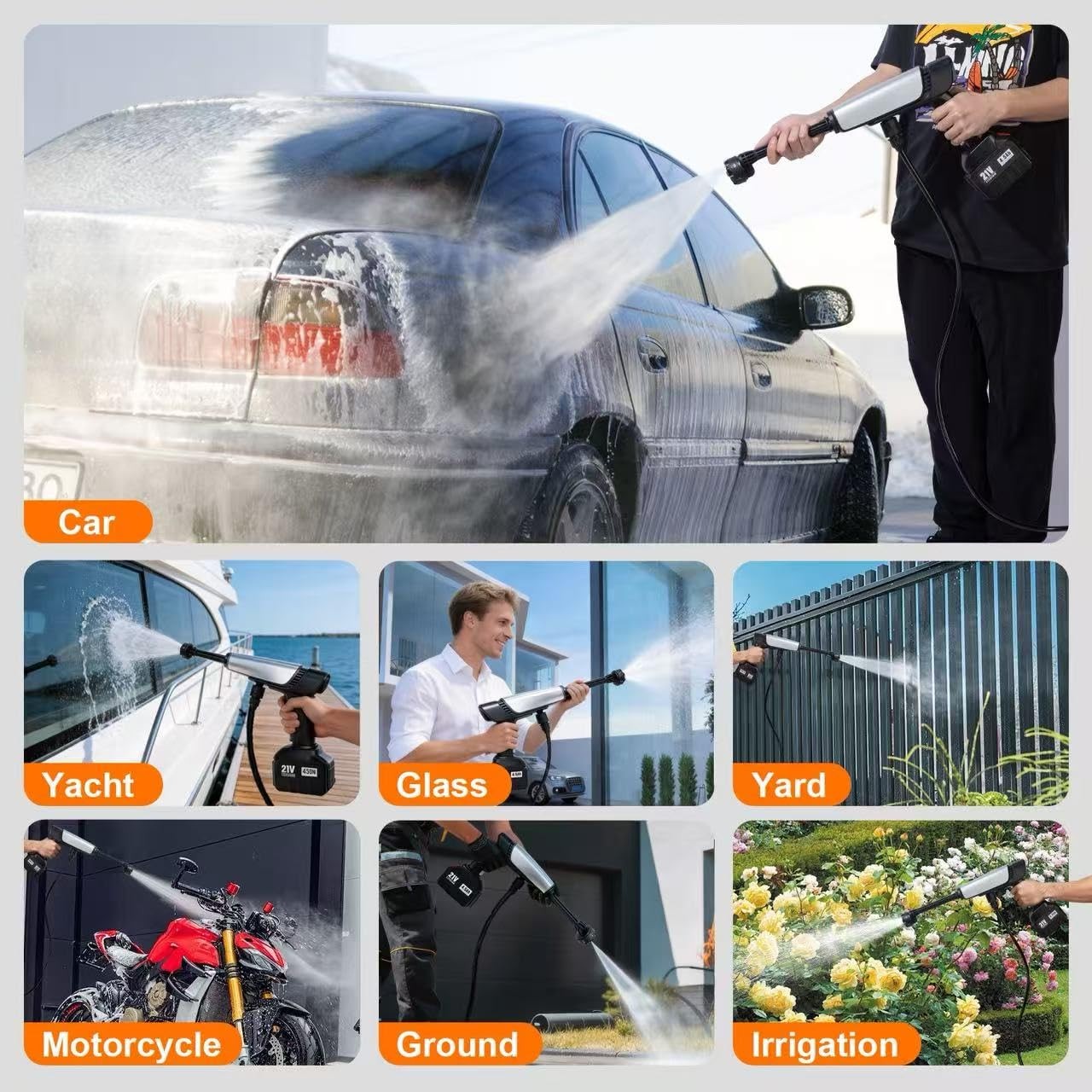 Cordless Pressure Washer Battery Powered,Portable Power 8.5m, silver