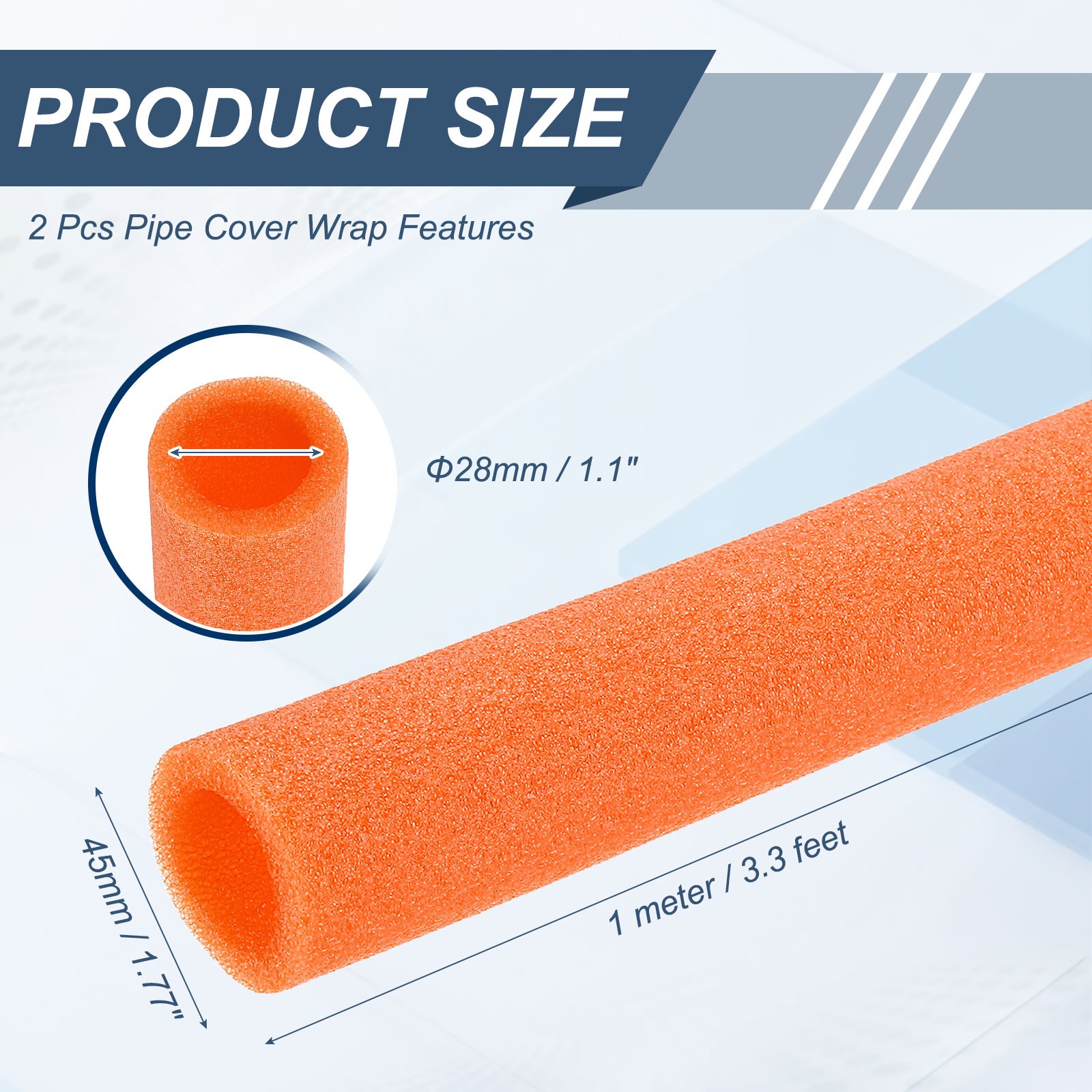 2pcs 1-1/9″ ID 3.3FT Pipe Insulation Foam Tube 1.77″ OD Tubing Cover Orange