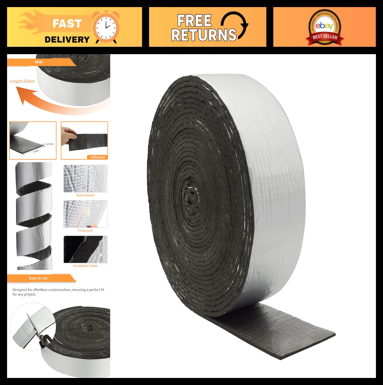 Reflective Foam Pipe Insulation Wrap 3″ x 32ft, Self-Adhesive, High Resilience