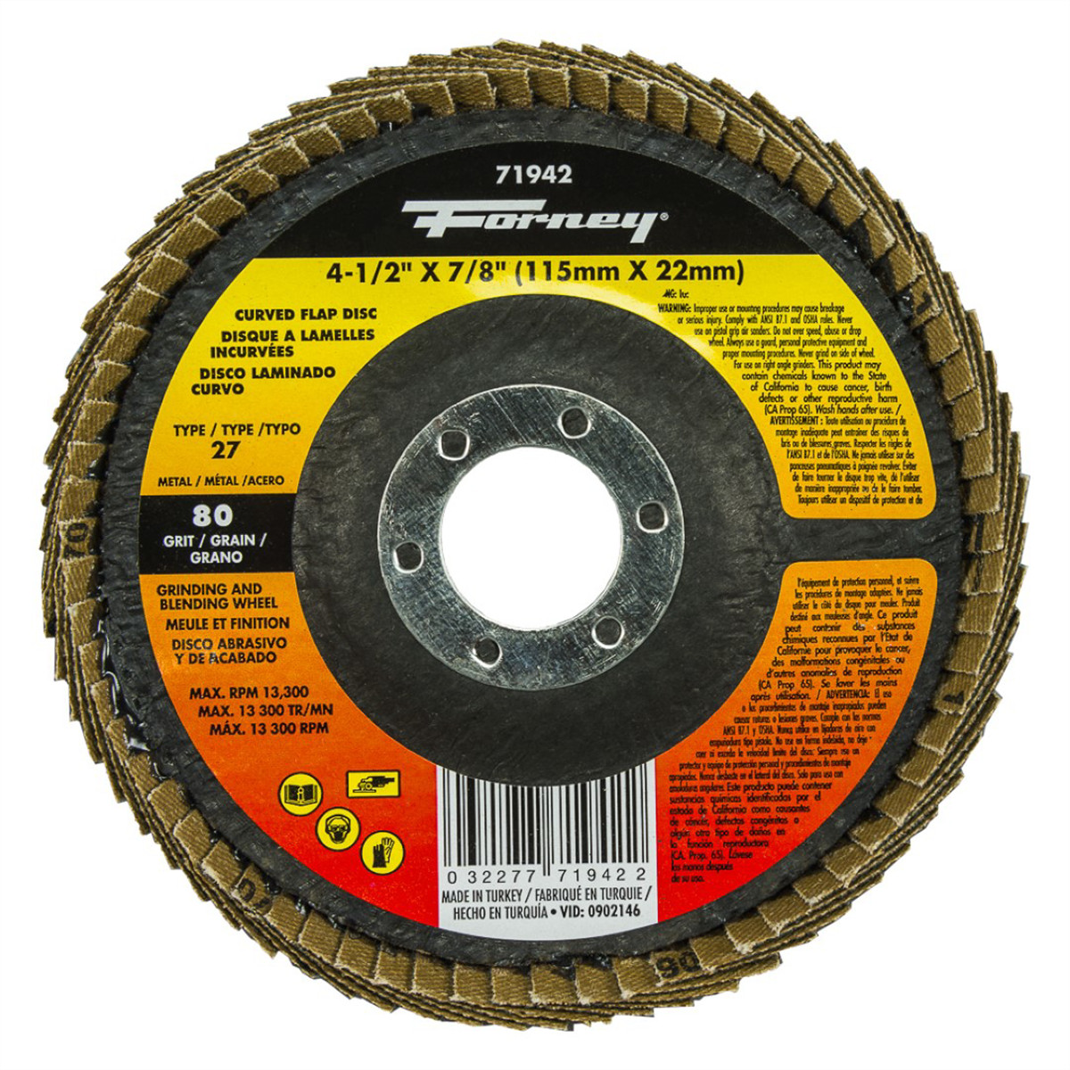 Forney Industries Curved Edge Flap Disc, 4-1/2 in x 7/8 in, 80 Grit 71942