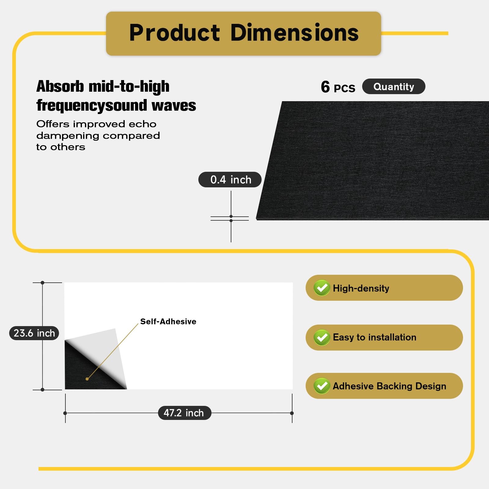 6 PCS Acoustic Panels, 47.2″ x 23.6″ Self-Adhesive Soundproof Wall Black