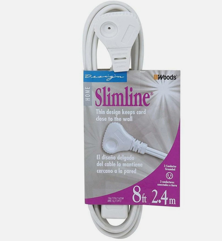 Woods SlimLine 2241 16/3 Flat Plug Indoor Extension Cord, 8-Foot, 8 ft, White(L3