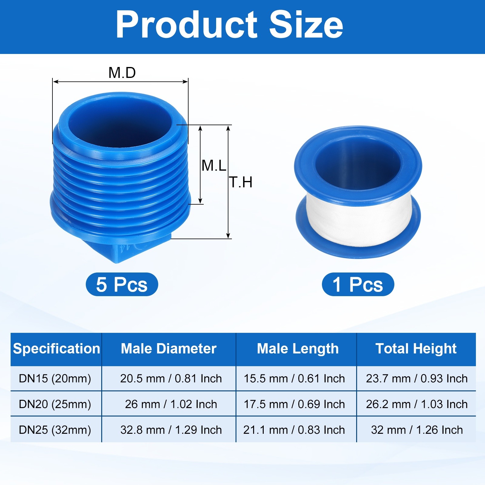 5Pcs 3/4 Inch PT Male Thread PVC Pipe Fitting Plug with Tape, Blue