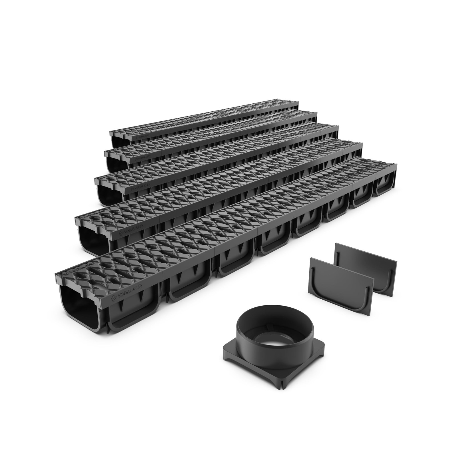 Vodaland – 4 Inch Trench Drain System with Grate – Black – Easy 2 (5 Pack)