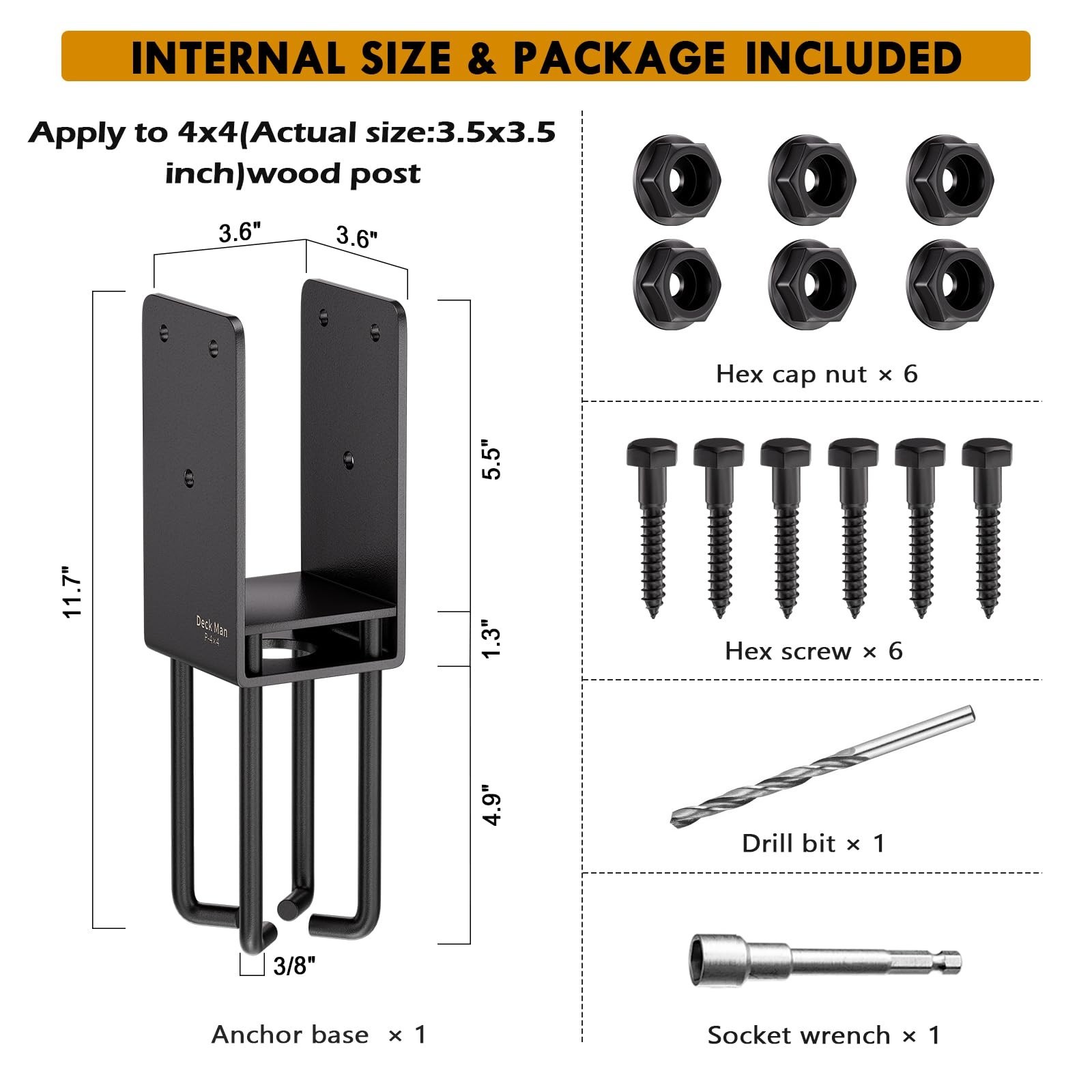 1Pack Heavy-Duty Post Base Anchor Bracket for 4″x4″ Wood Post (Actual Size: 3…