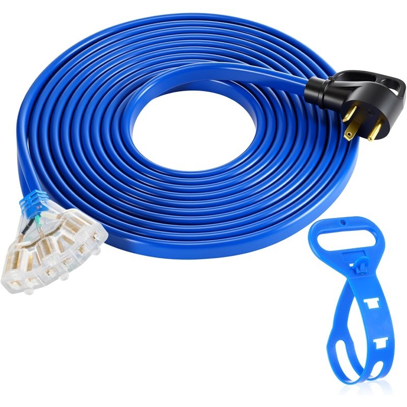 25 FT Flat RV Generator Adapter Cord NEMA TT-30p to 3X 5-20R/5-15R, 30A to 110V