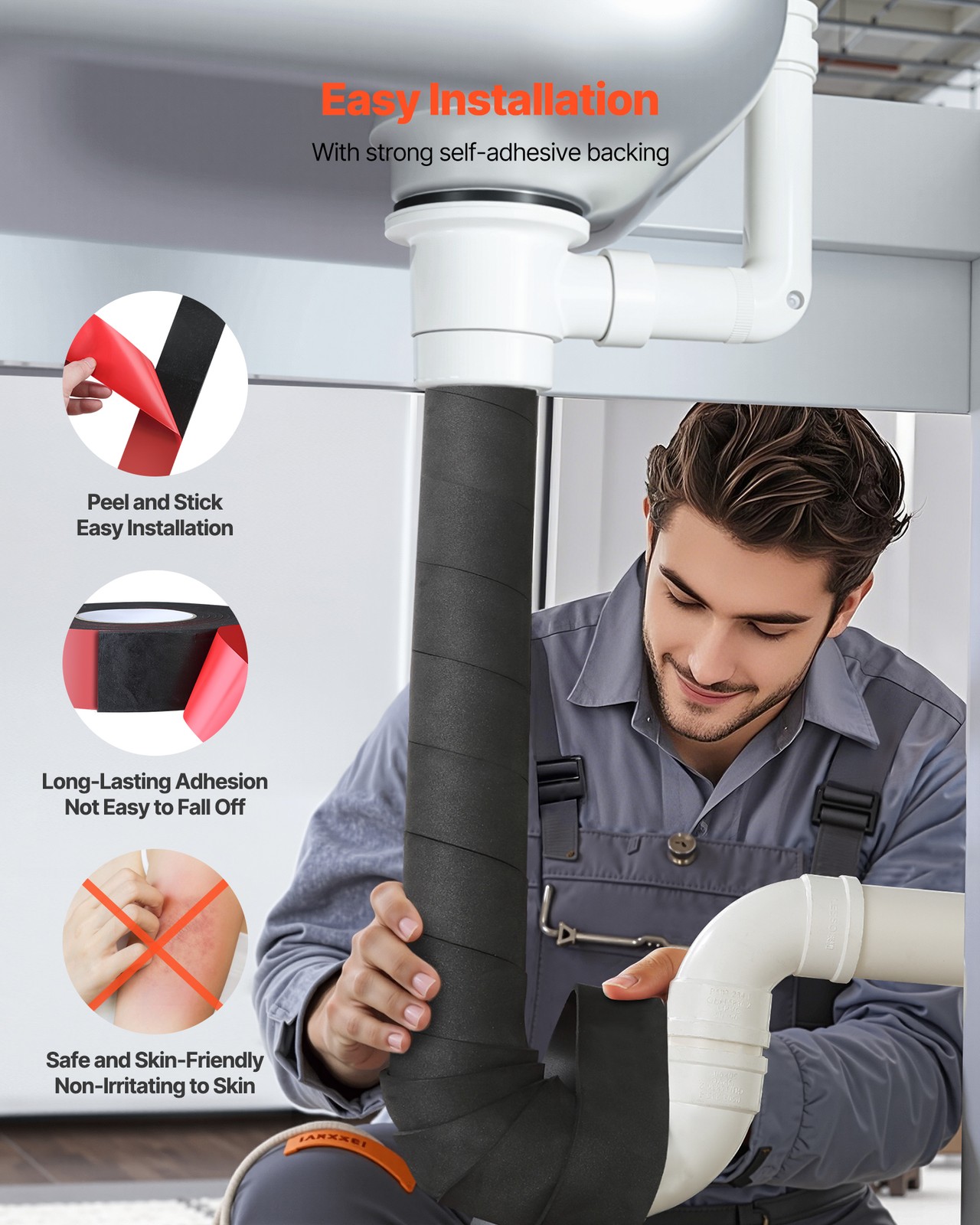 VEVOR Pipe Insulation Wrap 14FT x 2-inch Pipe Insulation Foam Tape Self-Adhesive