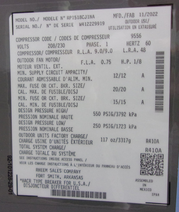 RHEEM Scratch & Dent Central Air Conditioner Condenser RP1518CJ1NA ACC-19564