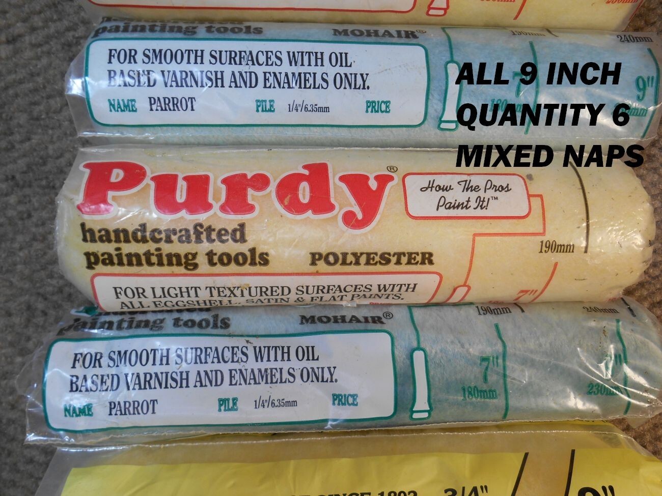 6 NEW Purdy paint roller covers – 9 inch width, mixed specialty texture naps