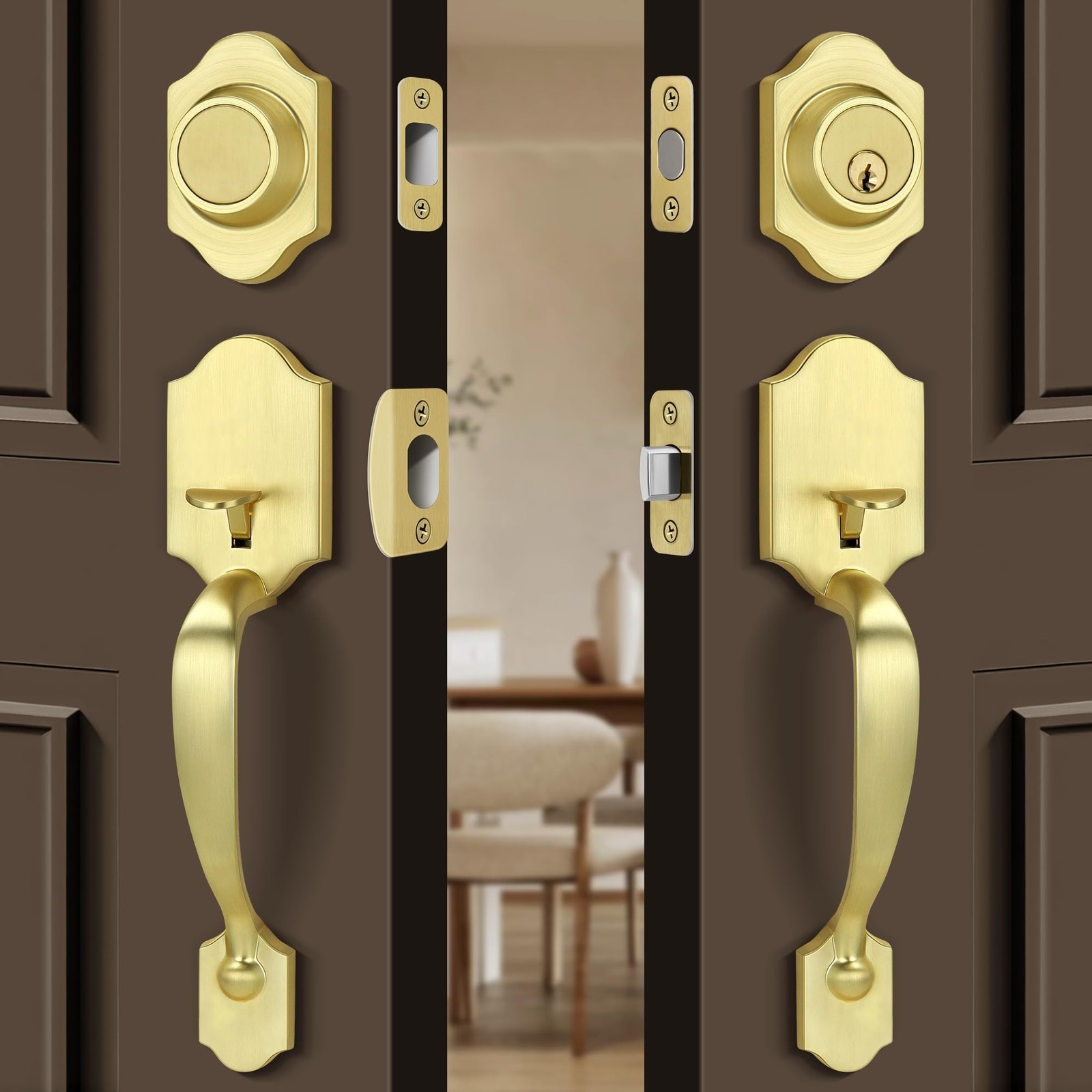 Double Front Door Handleset with Deadbolt – Brushed Gold Classic Entry Han