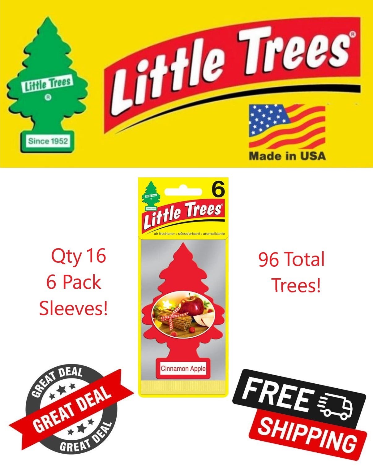 Little Trees 60338 Cinnamon Apple Hanging Air Freshener for Car & Home 96 Pack!