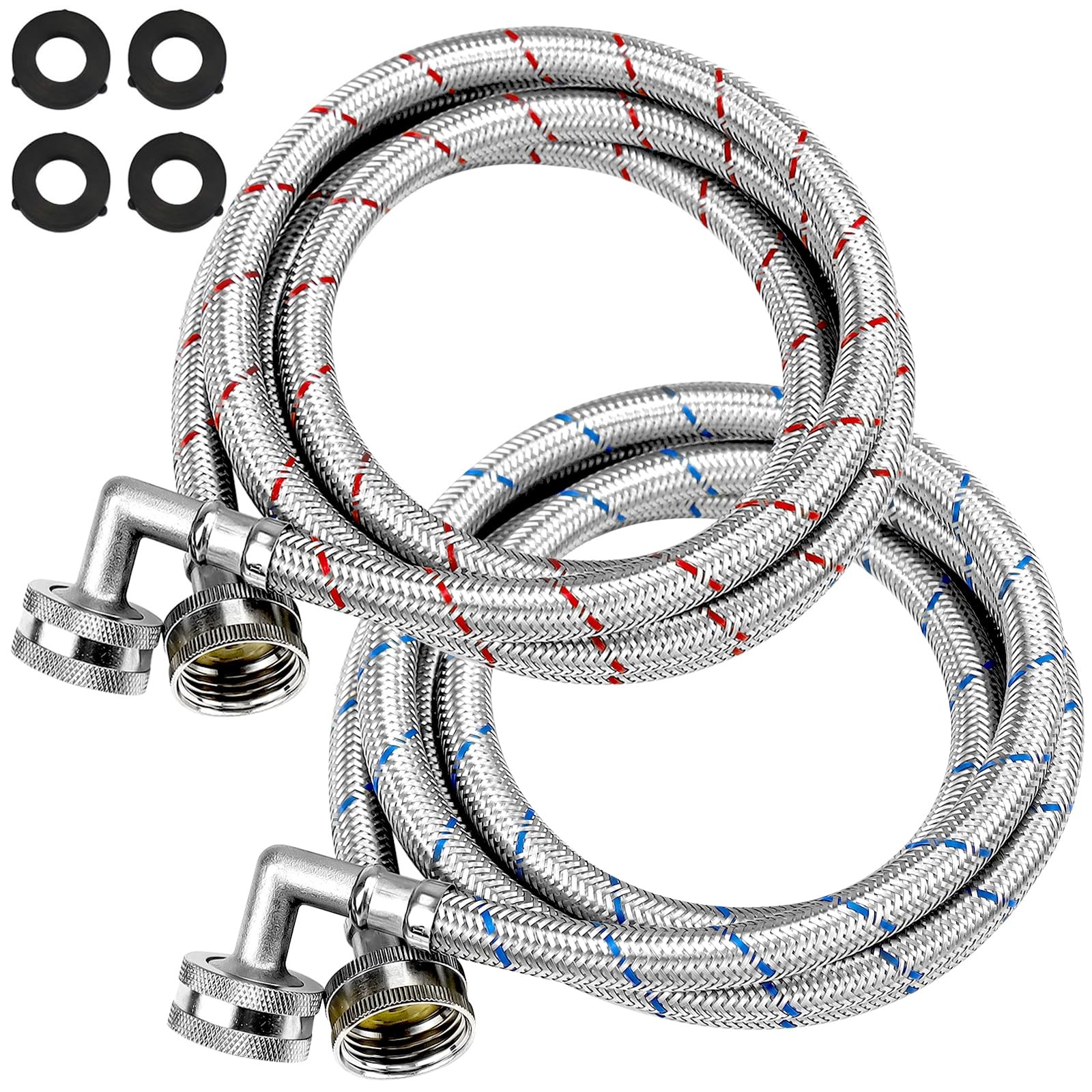 6FT Washer Stainless Steel Hoses with 90 Degree Elbows 6 Feet, Red and Blue