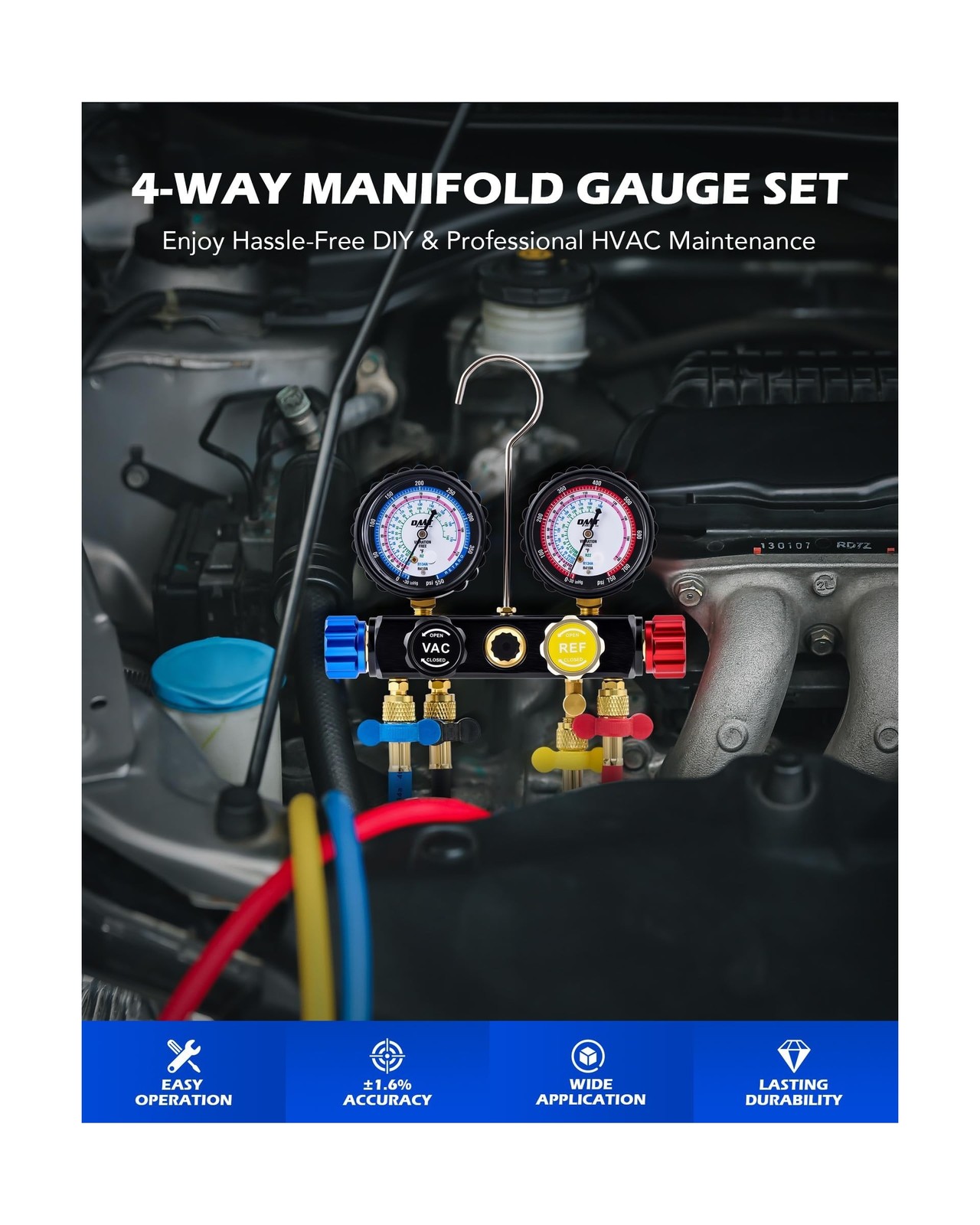 Orion Motor Tech 4 Way AC Gauge Set for R410a R22 R134a Refrigerant, 4 Valve …