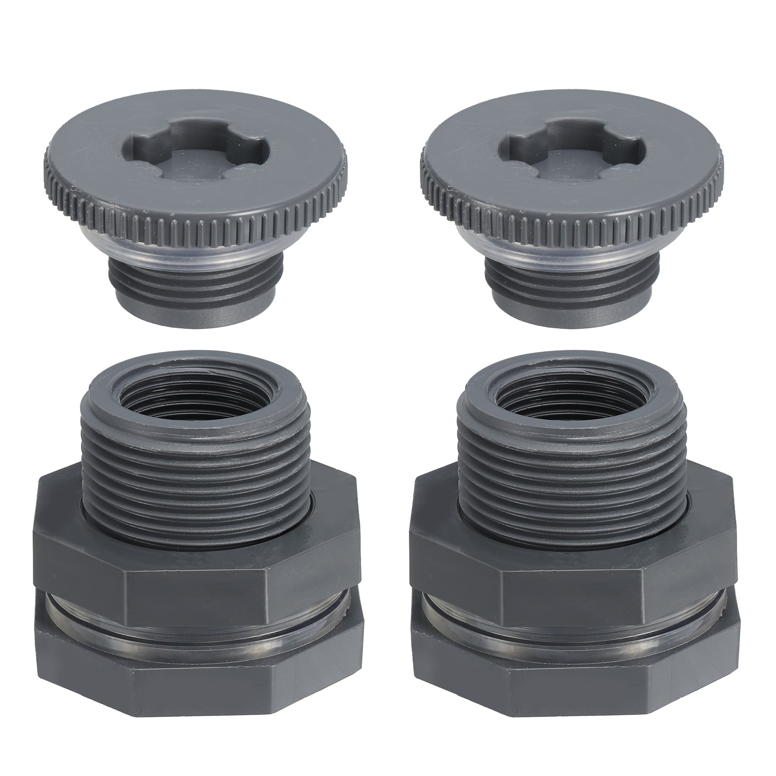 2Pcs PVC Bulkhead Fitting with Cap NPT 3/4″ Water Tank Connector Gray