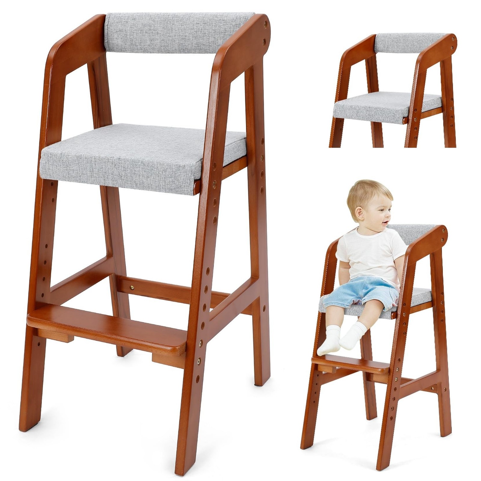 Wooden High Chair for Toddlers, Adjustable Dining Feeding Chair with Removabl…