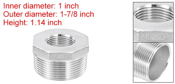 1Pcs 1-1/2″ Male to 3/4″ Female NPT 304 Stainless Steel Reducer Hex Bushing