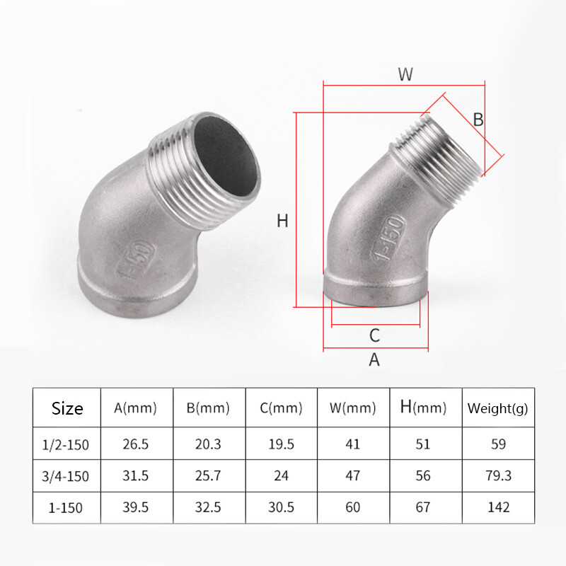 Stainless Steel 304 A2 Male x Female Elbow 45 Degree Threaded BSP Pipe Fittings
