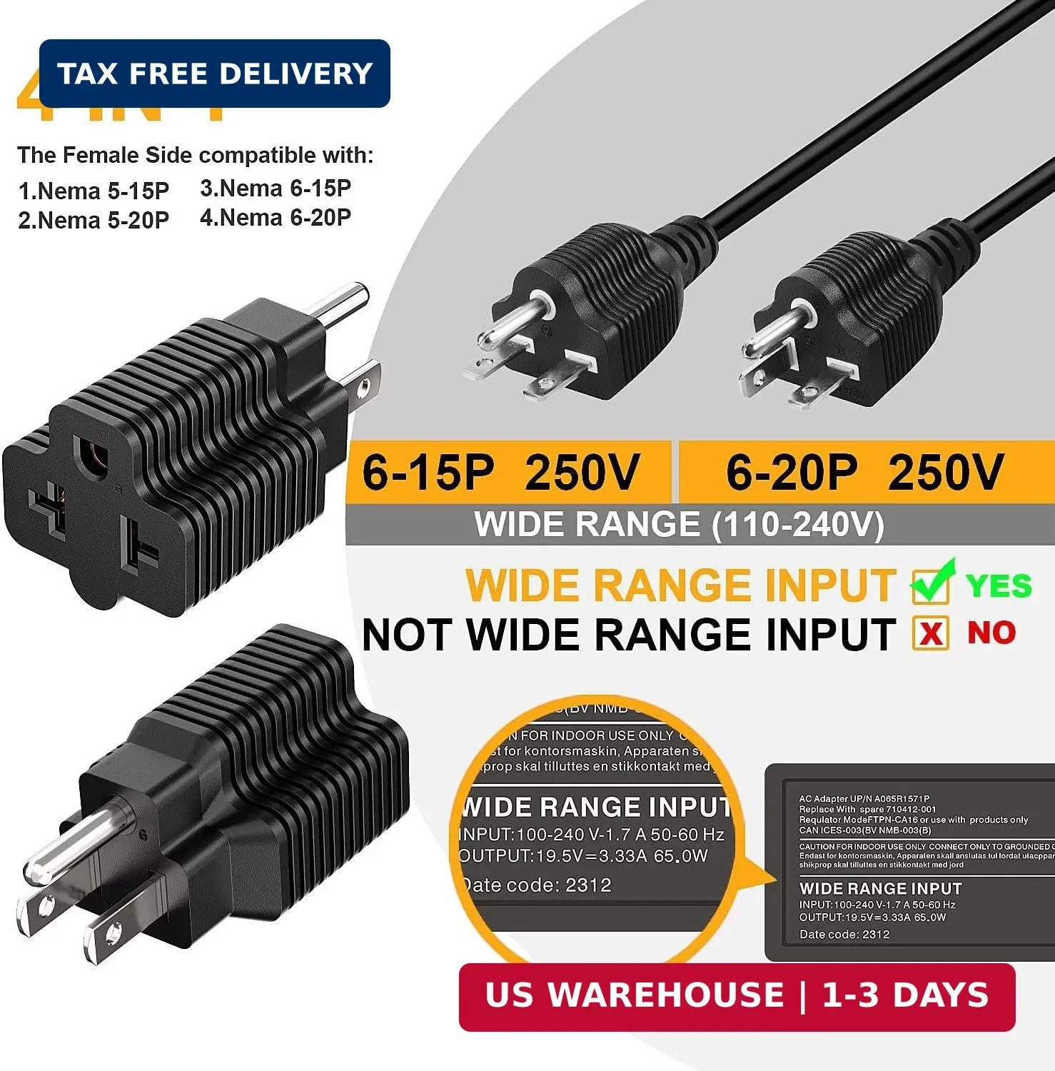 [3Pack] 4-in-1 15 Amp Household AC Plug to 20 Amp T Blade Adapter,5-15P to 5-20R