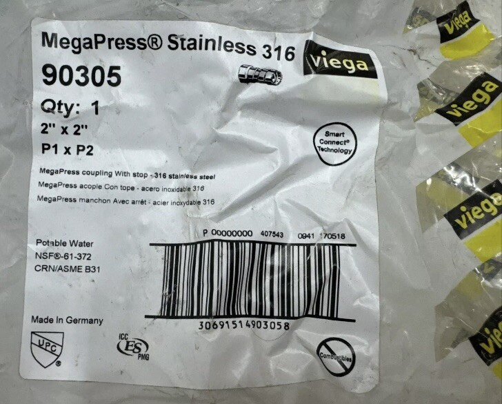 2” Viega 90305 MegaPress 316 Stainless Pipe Coupling Model 5115 P X P