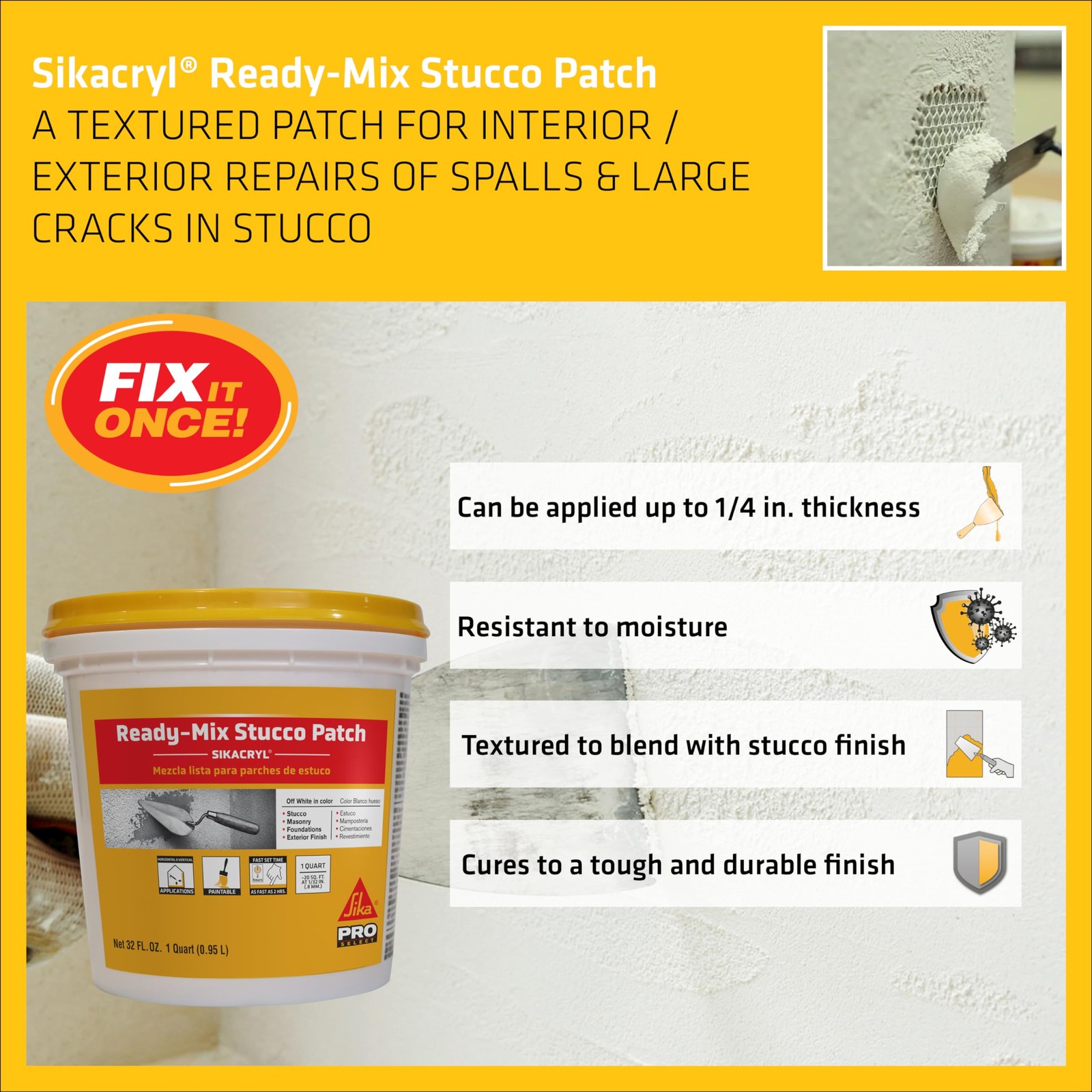 Stucco Repair Patch Textured White 1Quart ReadyMix for Cracks Spalls Interior