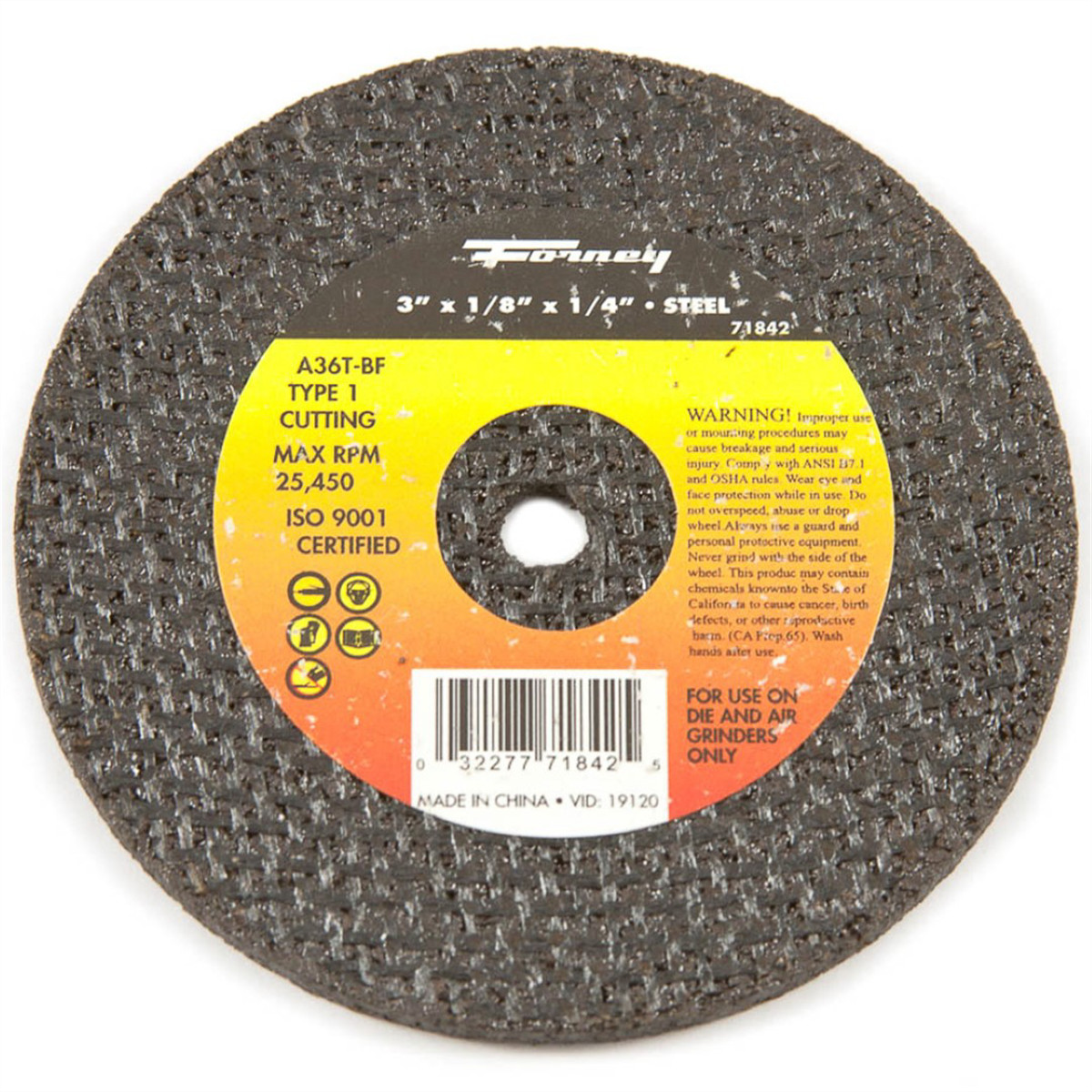 71842 Forney Industries Cut-Off Wheel, Metal, Type 1, 3 in x 1/8 in x 1/4 in