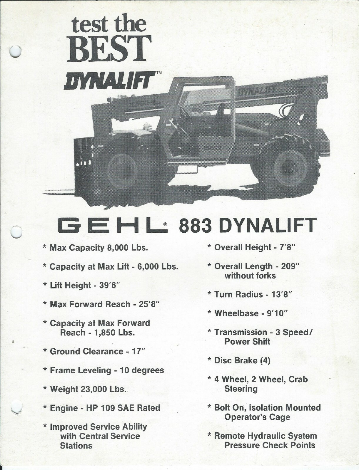 Fork Lift Truck Data Sheet – Gehl – 883 – Dynalift – 1988 Brochure (LT499)