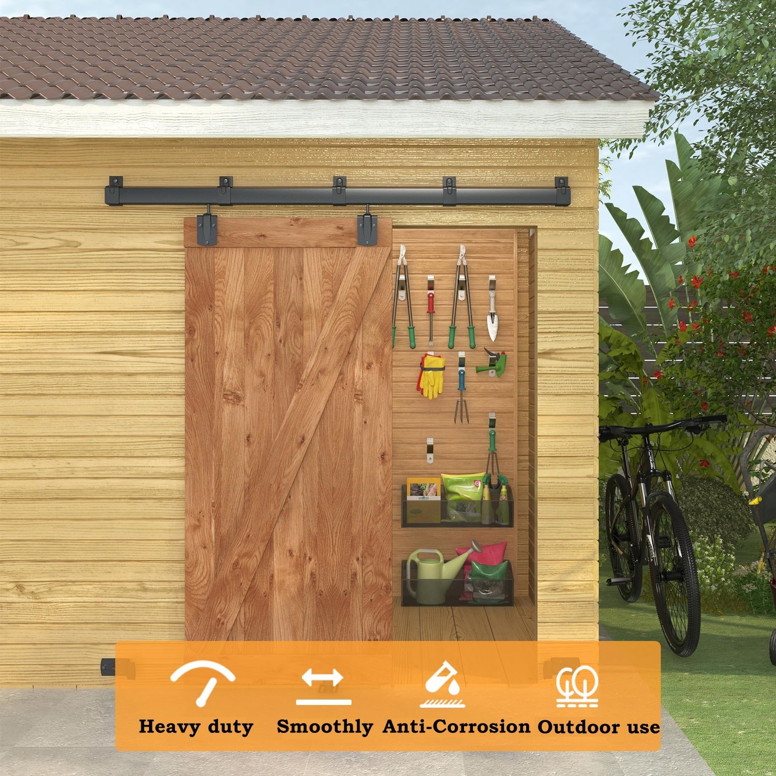 8FT Black Box Rail Exterior Barn Door Hardware Kit, Sliding Heavy Duty Barn D…