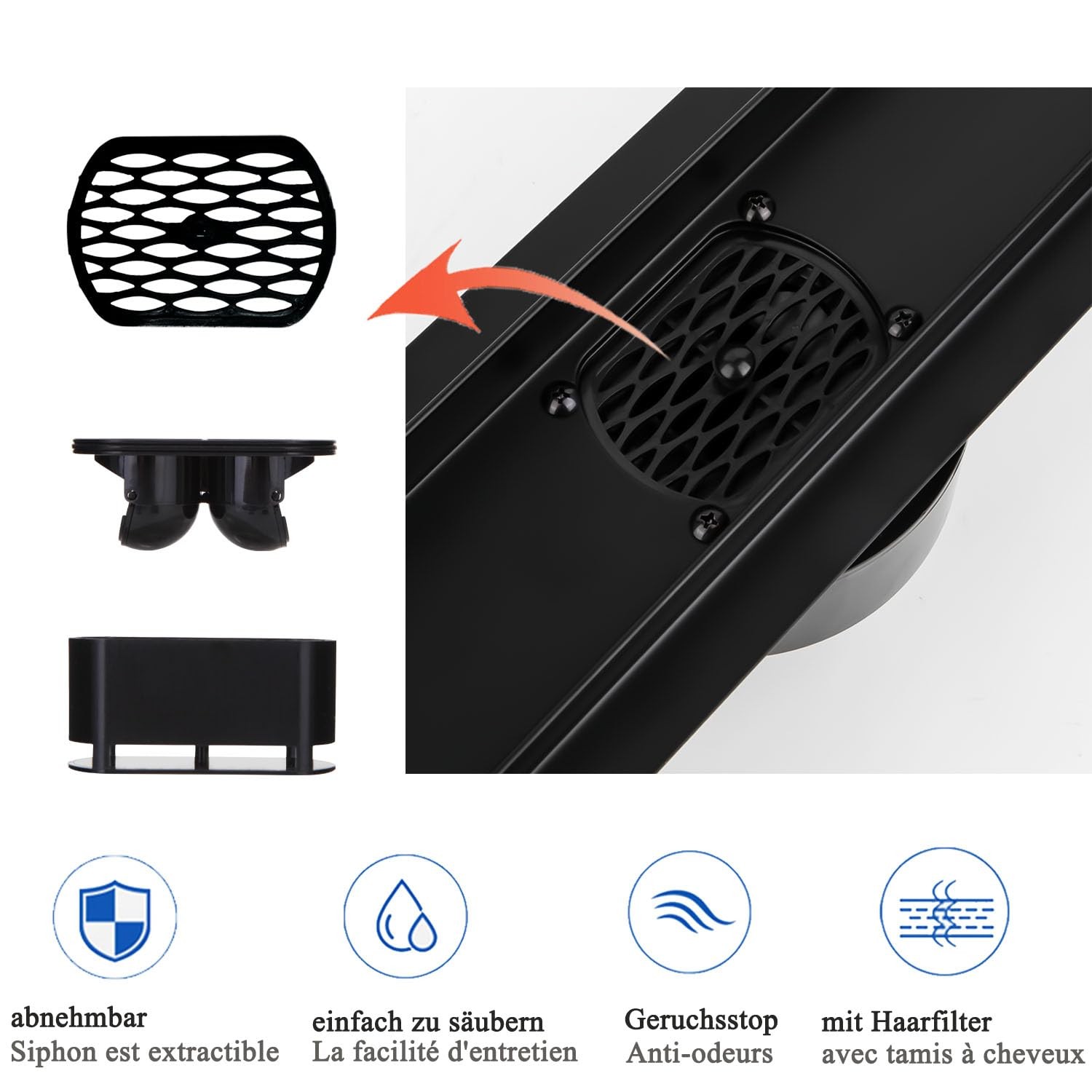 Shower Channel 70 cm Complete Set Black, Stainless Steel Drain Channel, Extra Flat Bef…