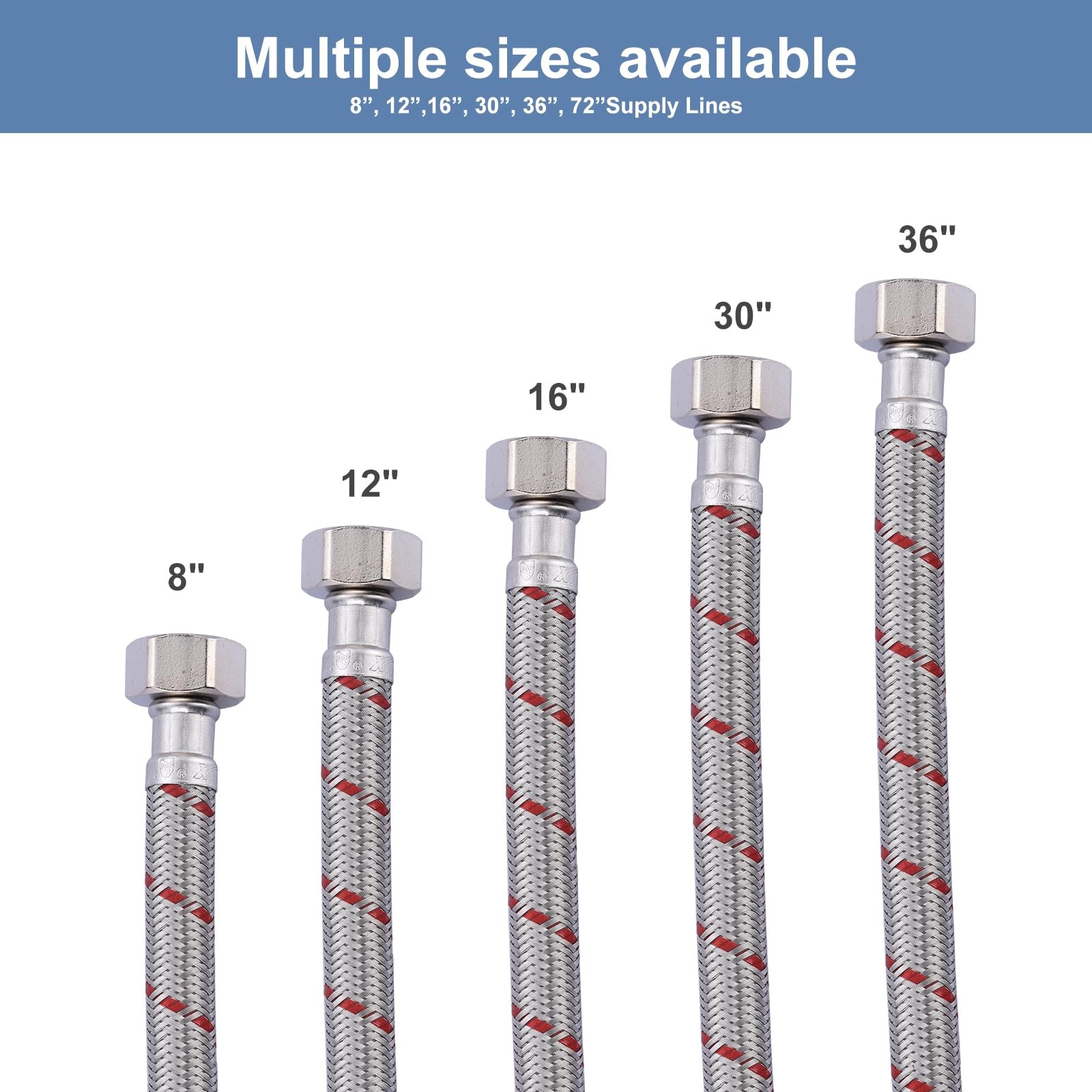 36 Inch Length Faucet Hose 1/2” to 1/2”, Braided Stainless 36 Inch, Silver