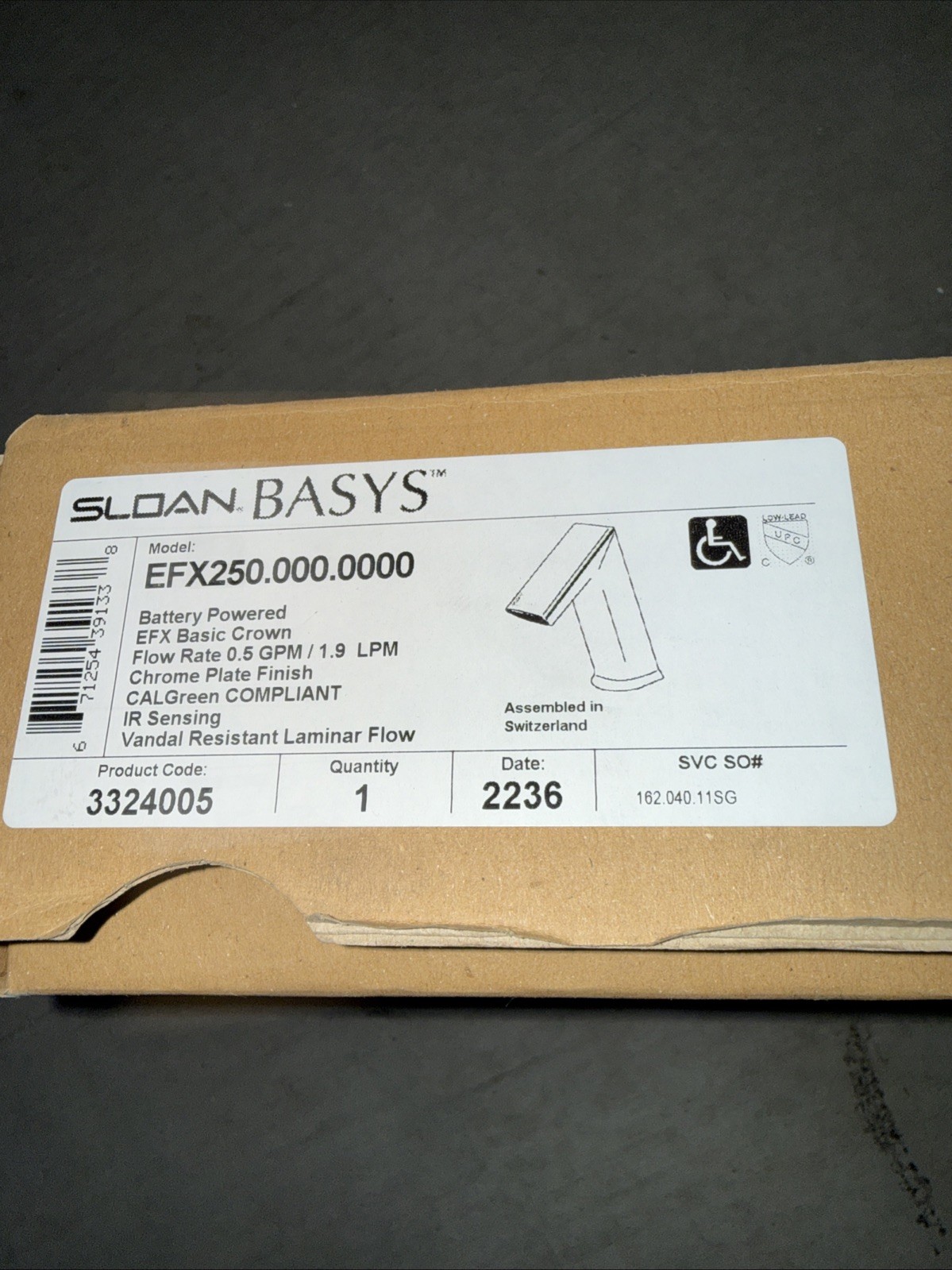 Sloan Basys EFX 250.000.0000 touch free battery powered infrared faucet New