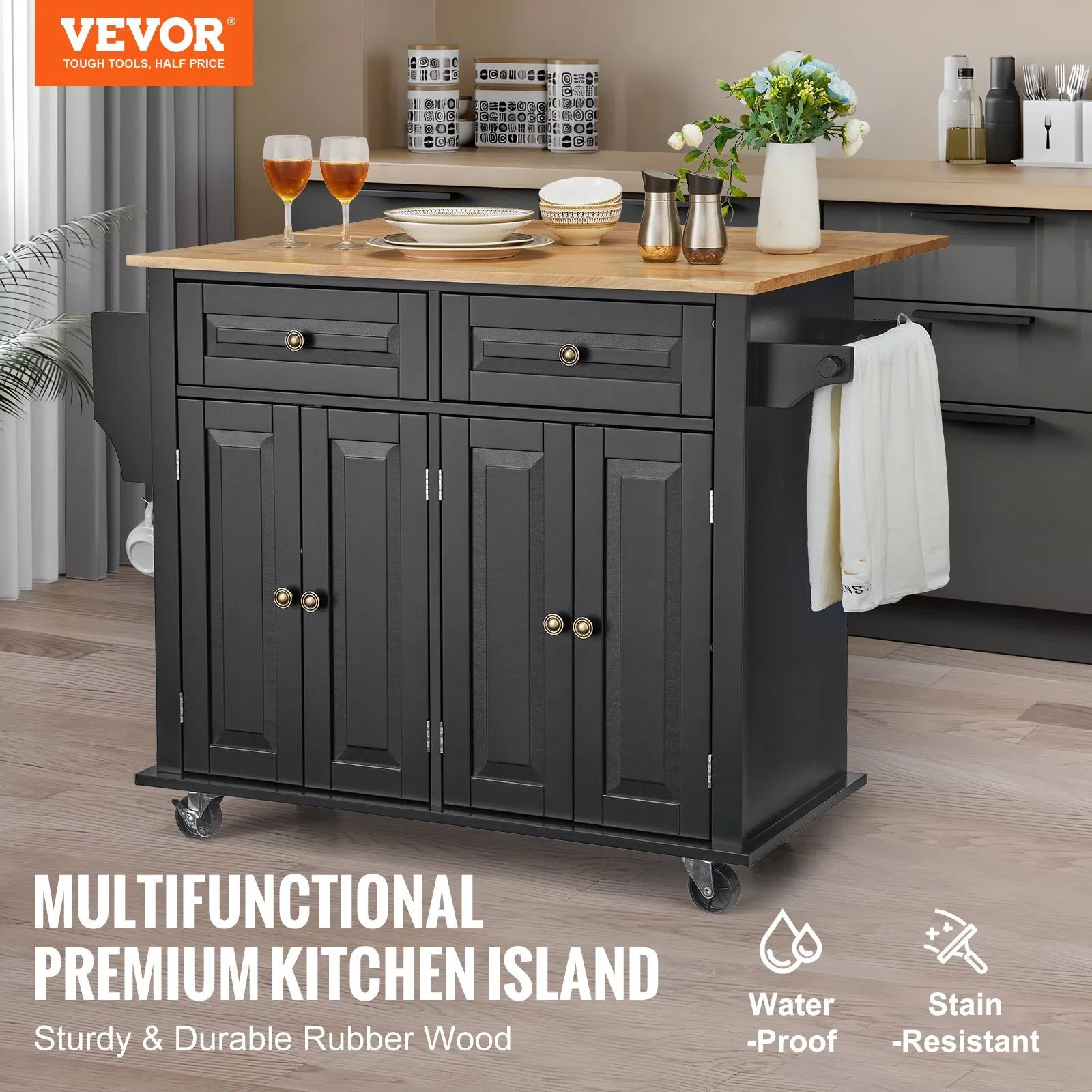 Kitchen Island Cart, 43″ Wood Top Mobile Carts with Storage Cabinet, Rolling Tab