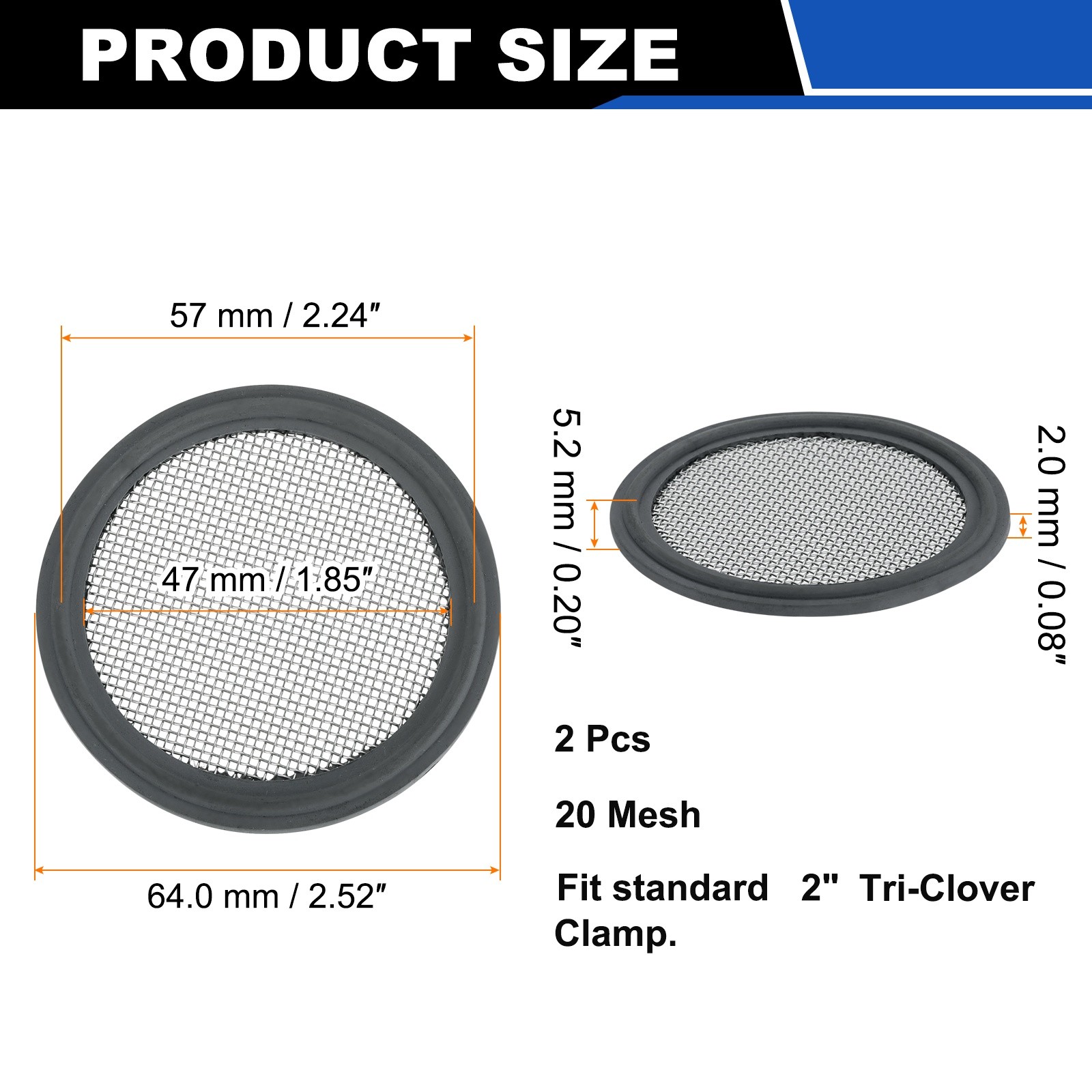 2Pcs 2” FKM Sanitary Gasket, 20 Mesh Sanitary Filter Gasket, Grey
