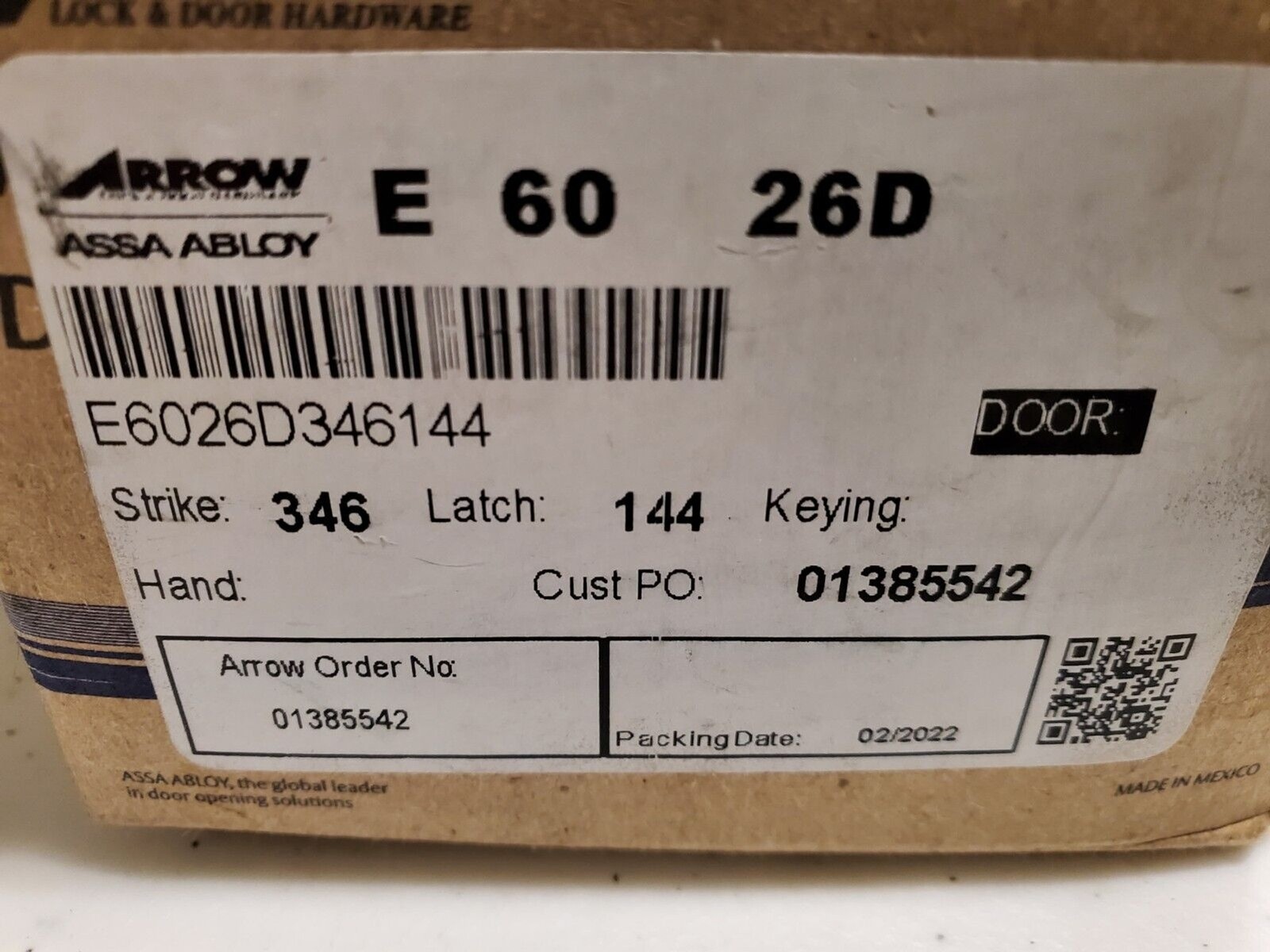 Arrow E60 26D 346 144 Exit Deadbolt W/Blank Outside Satin Chrome – NEW IN BOX