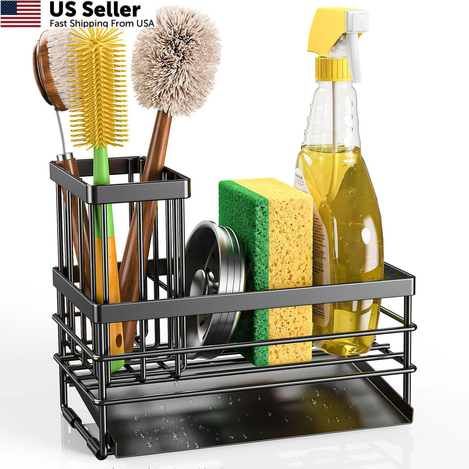 Cisily Sink Caddy Sponge Holder for Kitchen with Brush and 1, Black