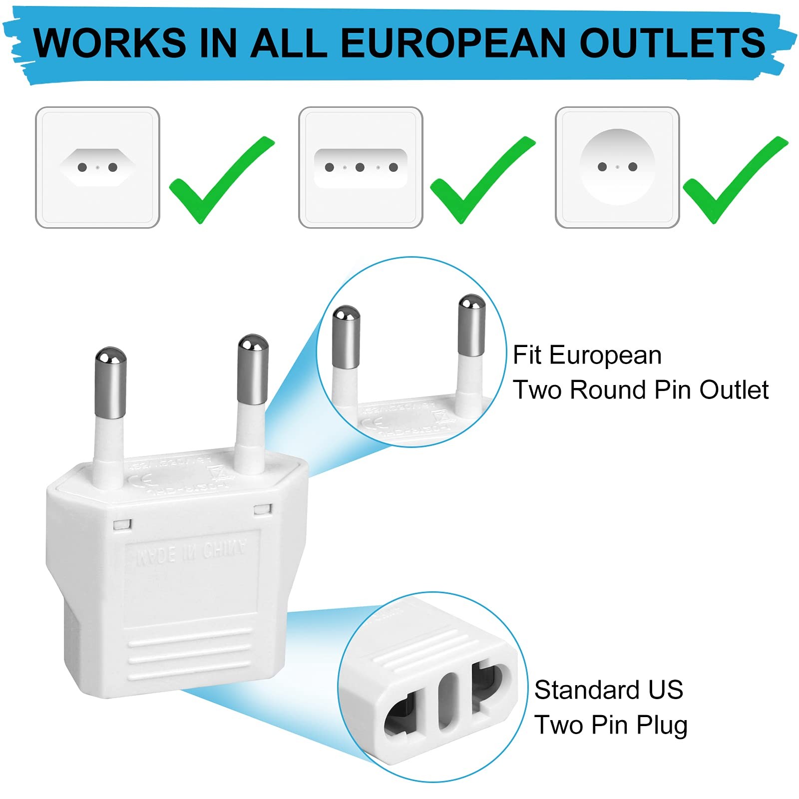 6 Pack US to Europe Plug Adapter – Type C European Travel Adapter, 6, white