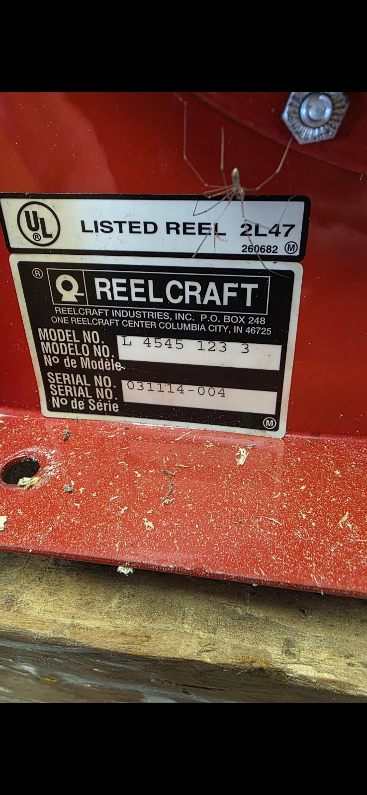 Reelcraft L 4545 123 3A Cord Reel, Spring Retracted, Nema 5-20R, 12 Awg, Red