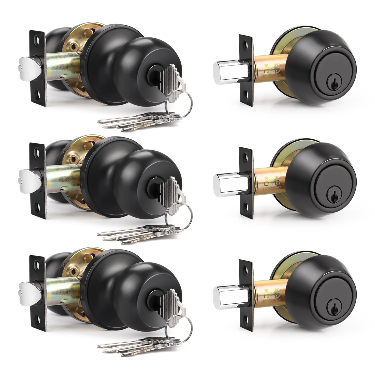 3 Pack Entry Door Knob Lockset and Single Cylinder Deadbolt Combination Set i…