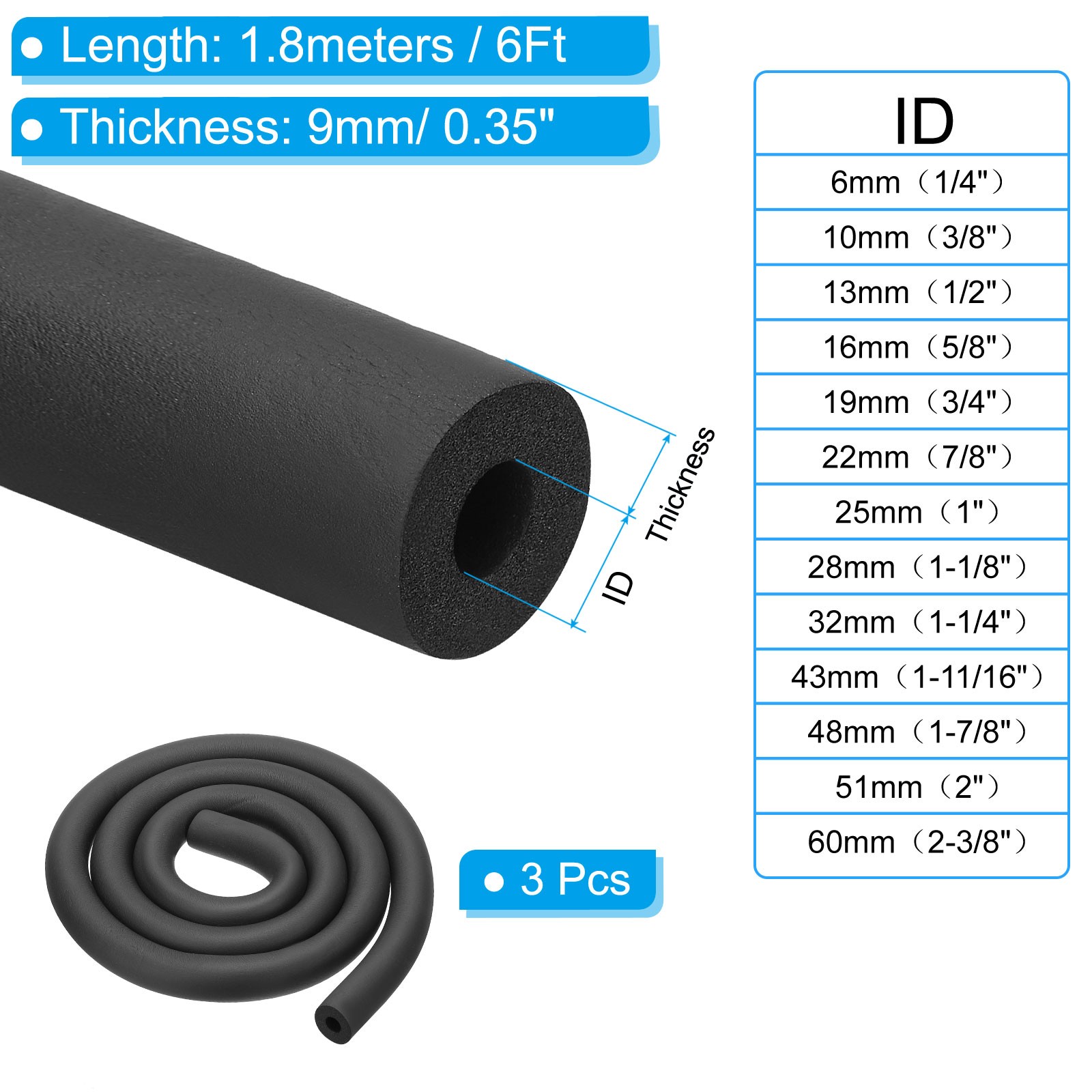 3Pcs 3/8″(10mm) ID x 6Ft Pipe Insulation Foam Tube