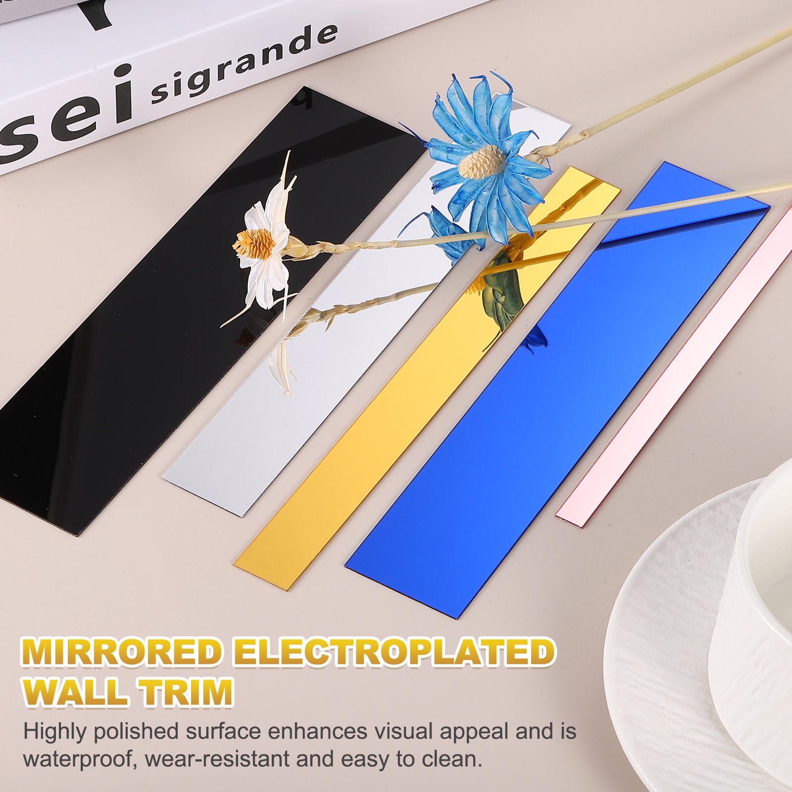10pcs 7.8″ x 2″ Peel and Stick Molding Trim Strip Mirrored Sticker Silver