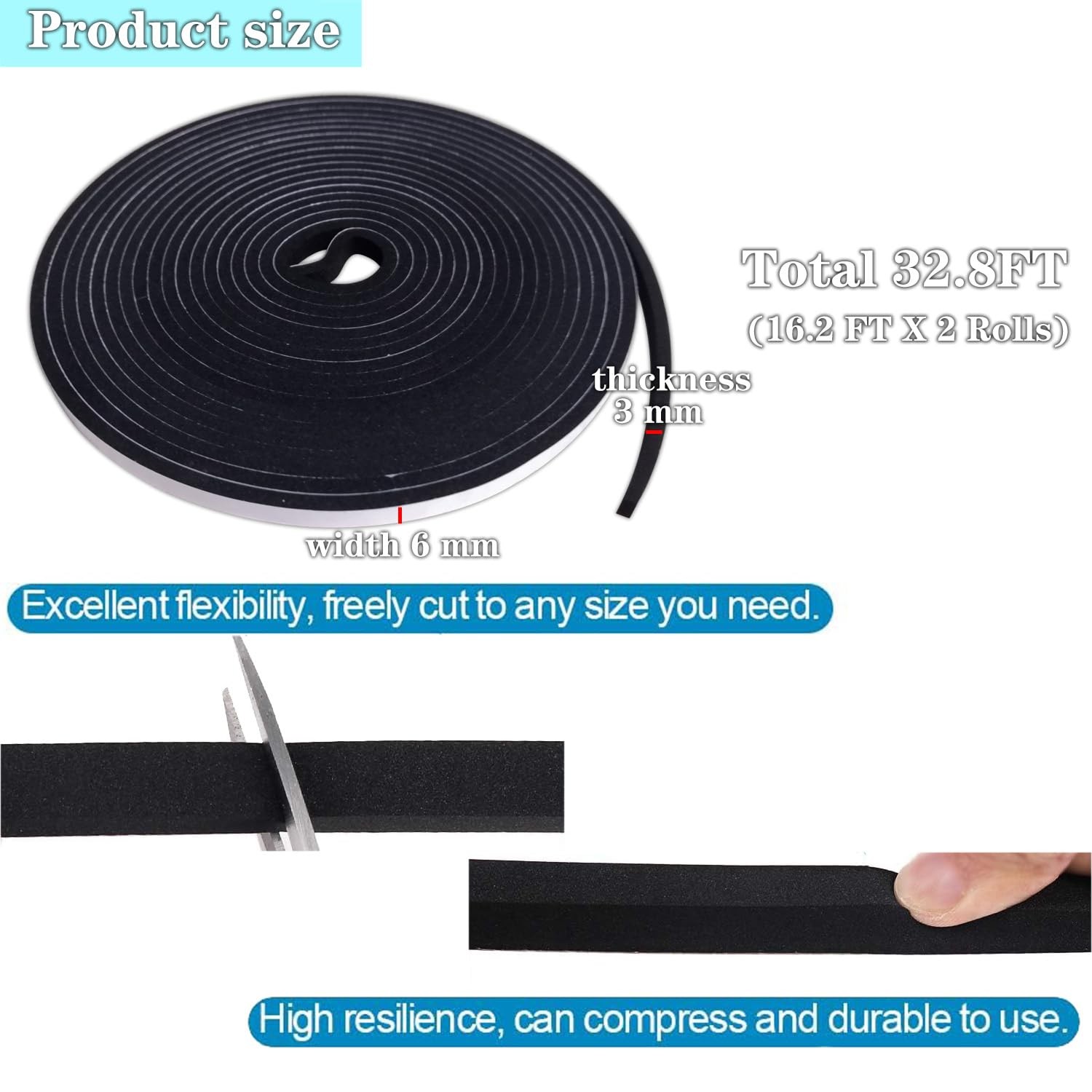 GuangTouL Thin Weather Stripping Foam Tape 2 1/4in x 1/8in x 32.8FT, Black