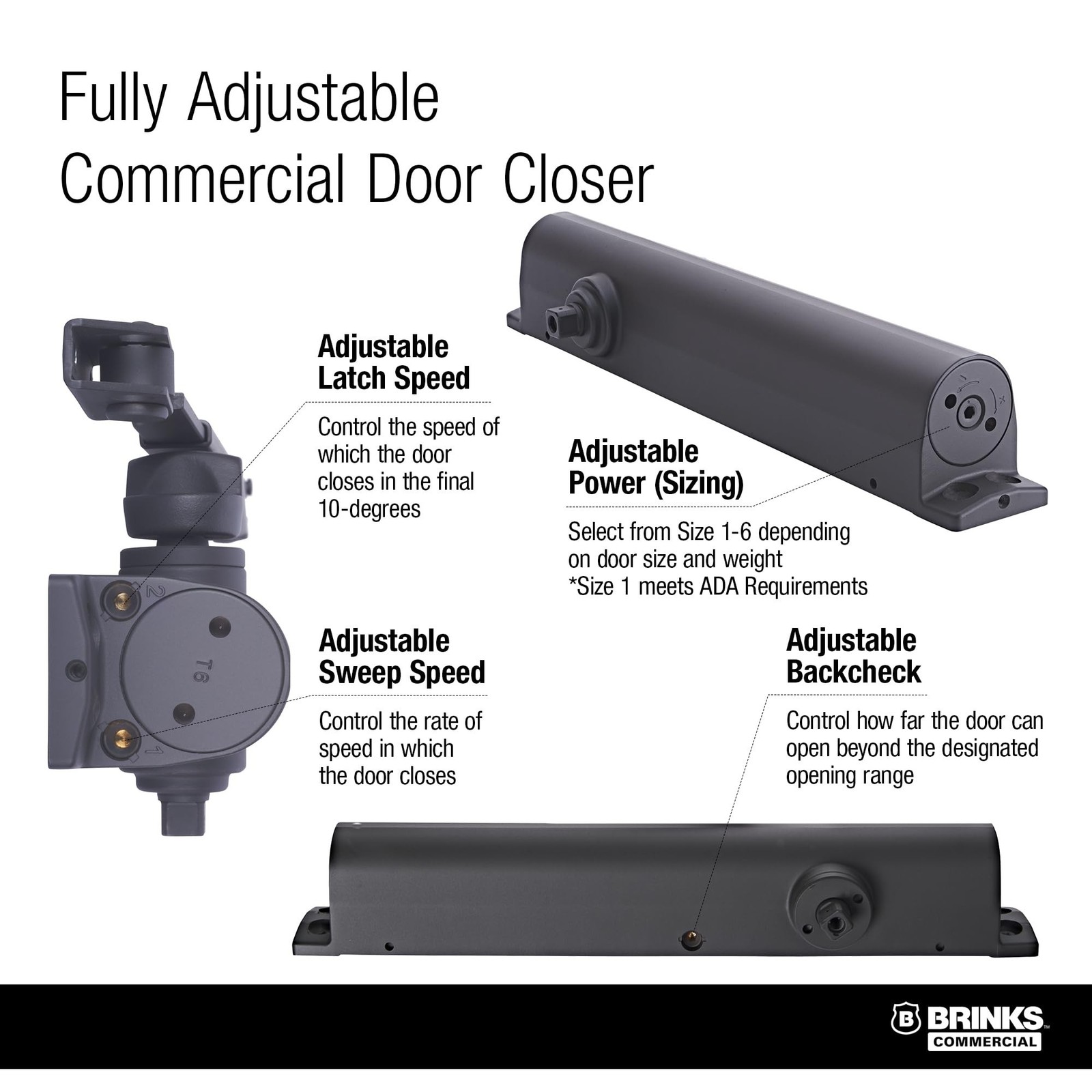 Brinks Commercial Heavy Duty All-in-One Door Closer with Mounting Plate, UL L…