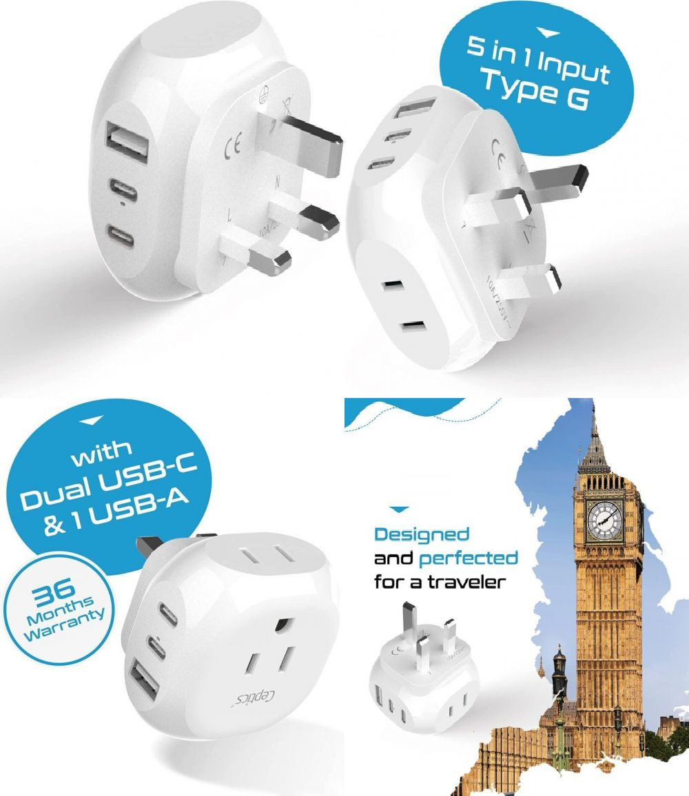 Ceptics UK, Ireland Travel Plug Adapter – 5 Input with 20W PD-QC 3.1A White