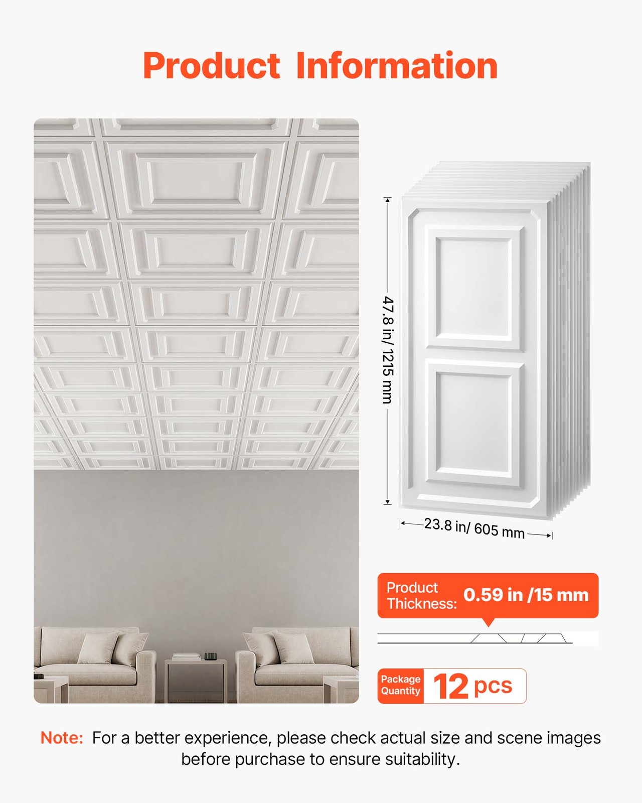 VEVOR 24 x 48 in PVC Ceiling Tiles 12-Pack White 3D Textured Accent Panels Home