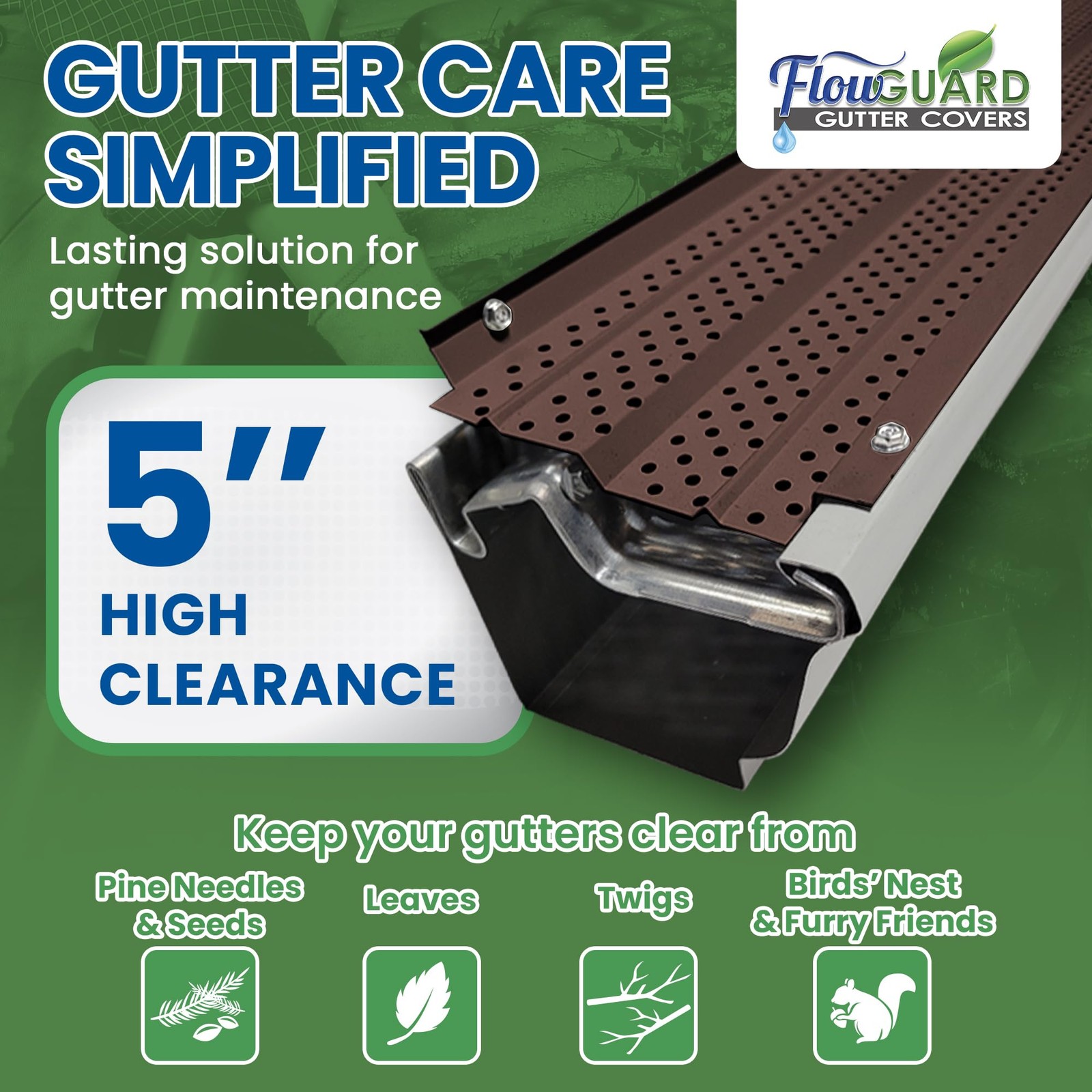 Flowguard Usa Made Professional Diy 5 Inch High Clearance 50-Year Gutter Cover