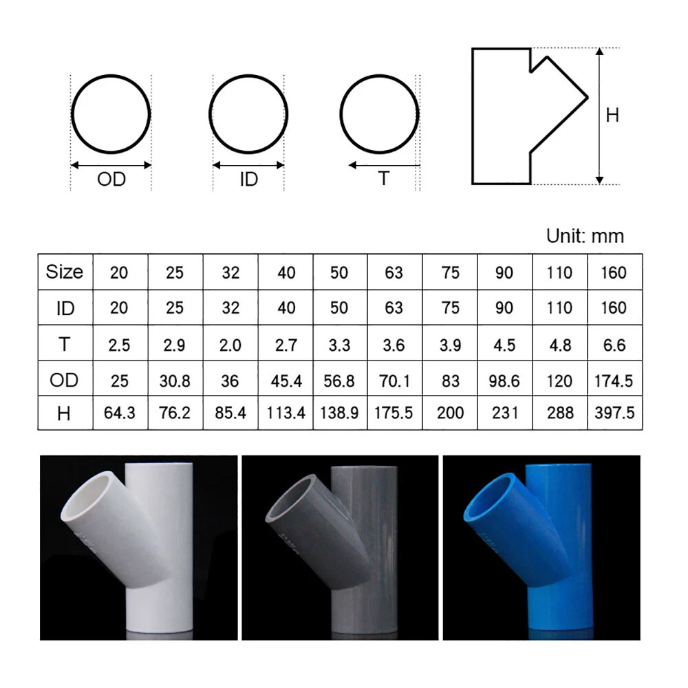 PVC 3 Way Y Connector Inner Dia 20mm-160mm Pipe Fittings Tube Adapter Joint